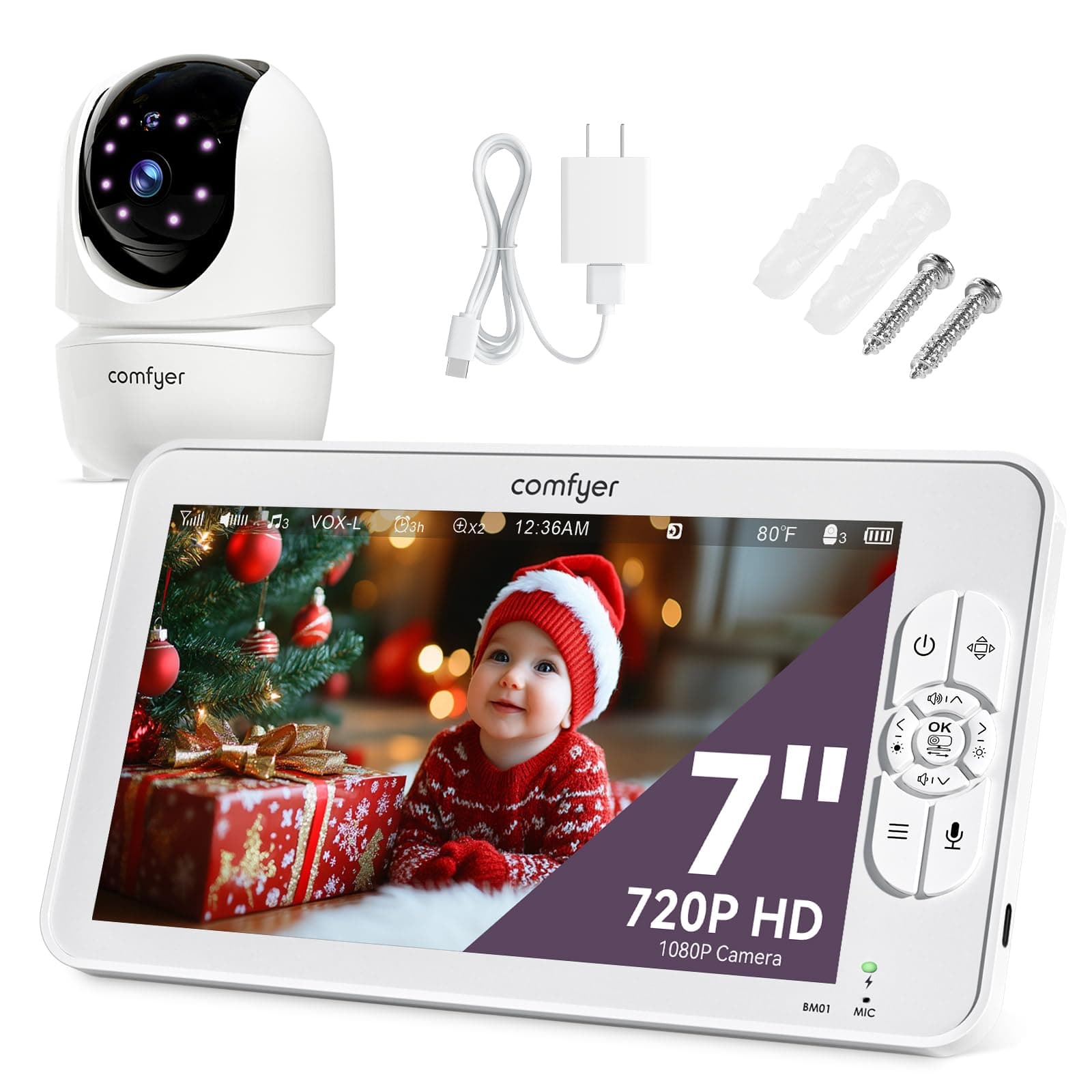 Comfyer BM01 7" HD Baby Monitor with Camera and Audio, 13 Hrs 6000mAh Battery Runs 2 Days in VOX Mode, Auto Night Vision, Hack Proof, Remote PTZ