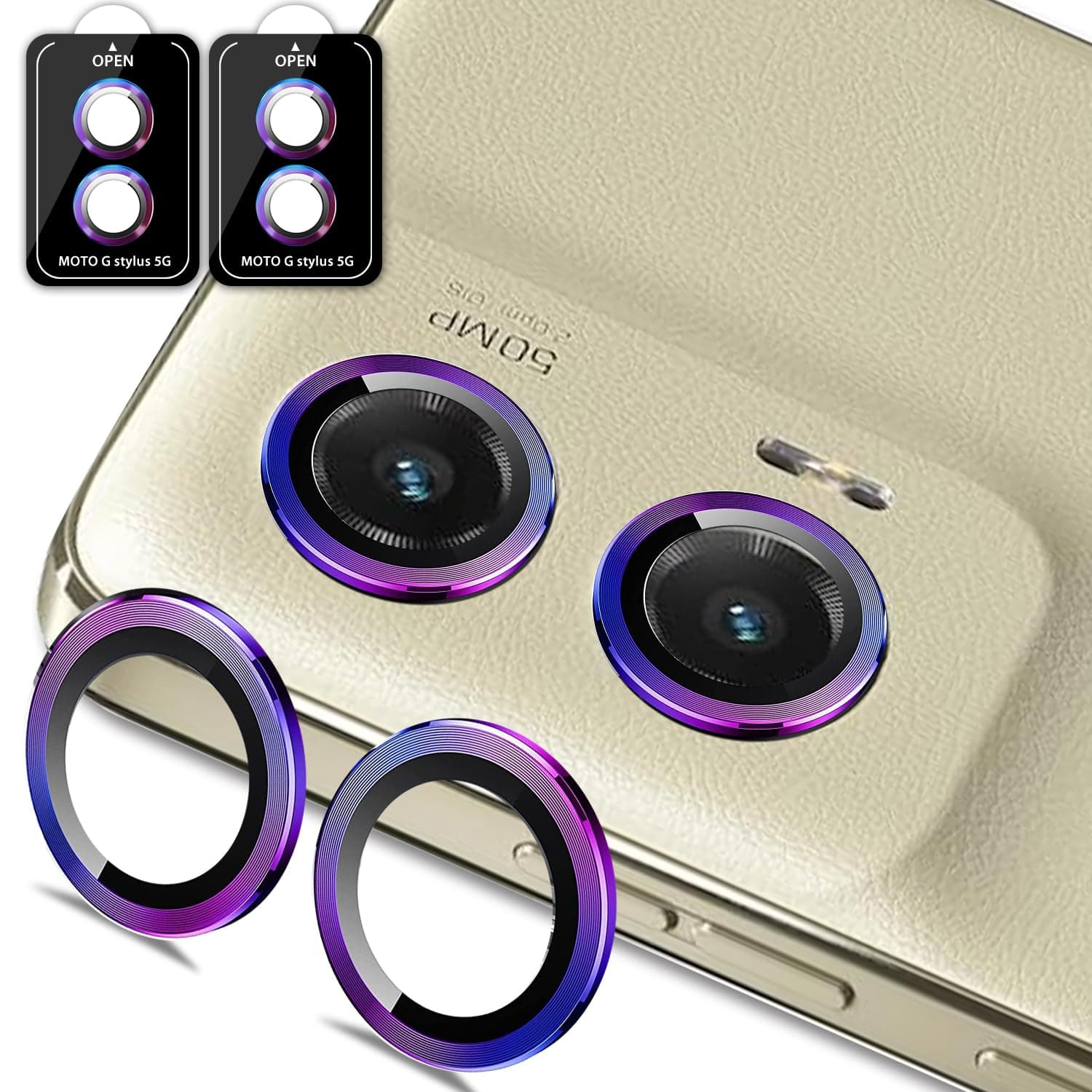 Zeking [2 Pack for Moto G Stylus 5G 2024 Camera Lens Protector, 9H Tempered Glass Camera Cover Screen Protector Metal Individual Ring [Installation Tray Alignment Kit](Color)