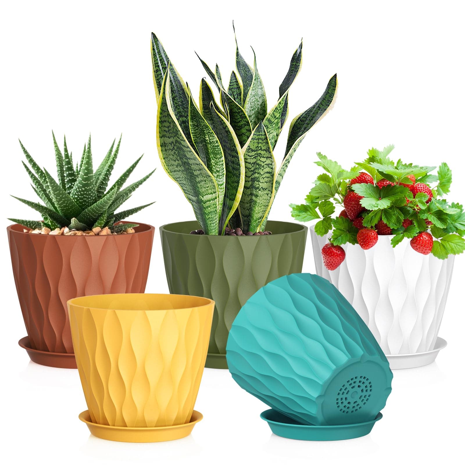 Meowell 7 inch Plant Pots for Indoor Outdoor Plants, 5 Pack Thick Nursery Pots with Drainage Holes and Saucers, 3D Modern Wave Texture Plastic Planter Pots for Flowers and House Plants, Multicolor
