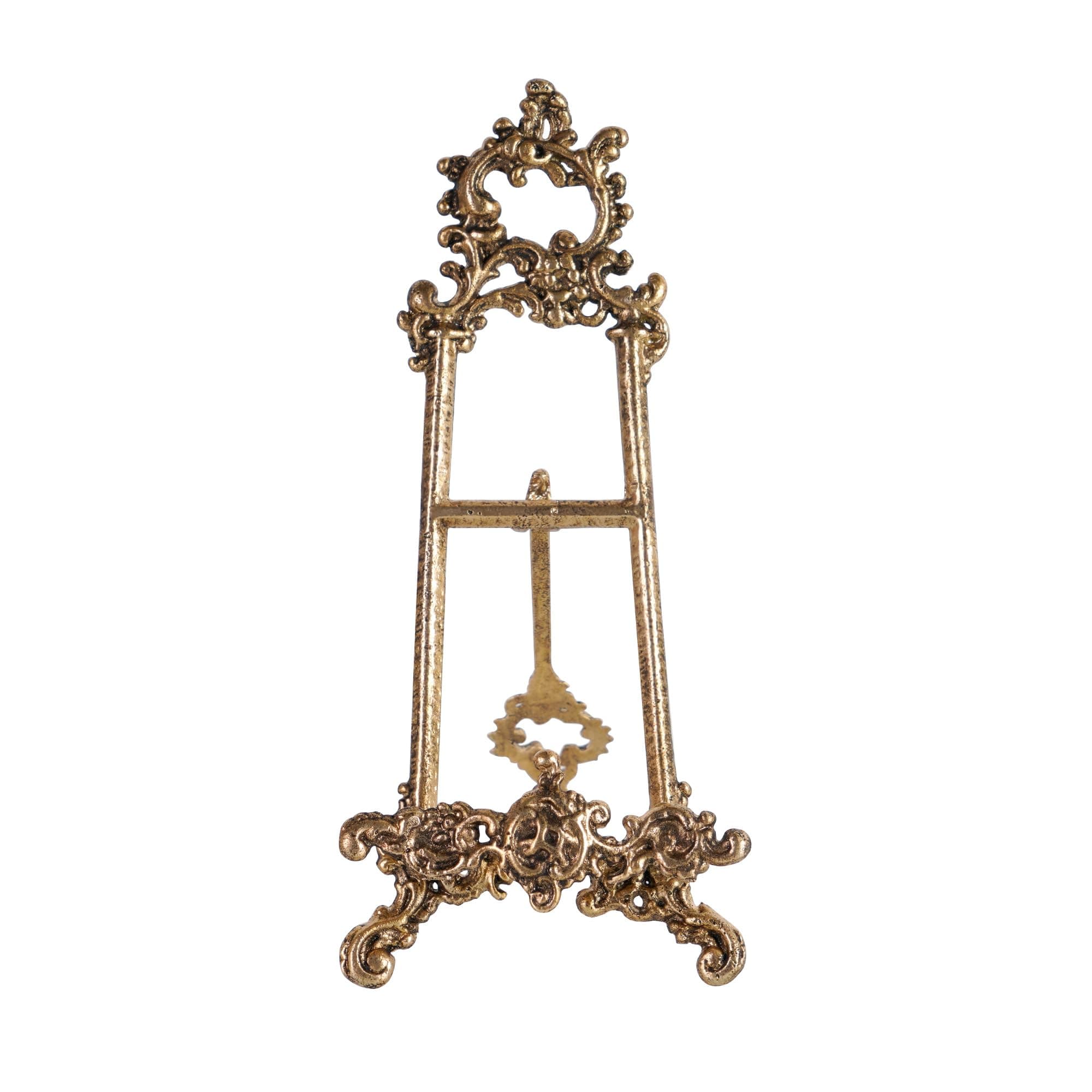 HOME PALETTE Vintage Cookbook Stand, Small Ornate Easel Fleur De Lis Stand, 12.2" Tall Table Top Display Holder for Recipe Book, Picture Frame, Plate, Antique Gold