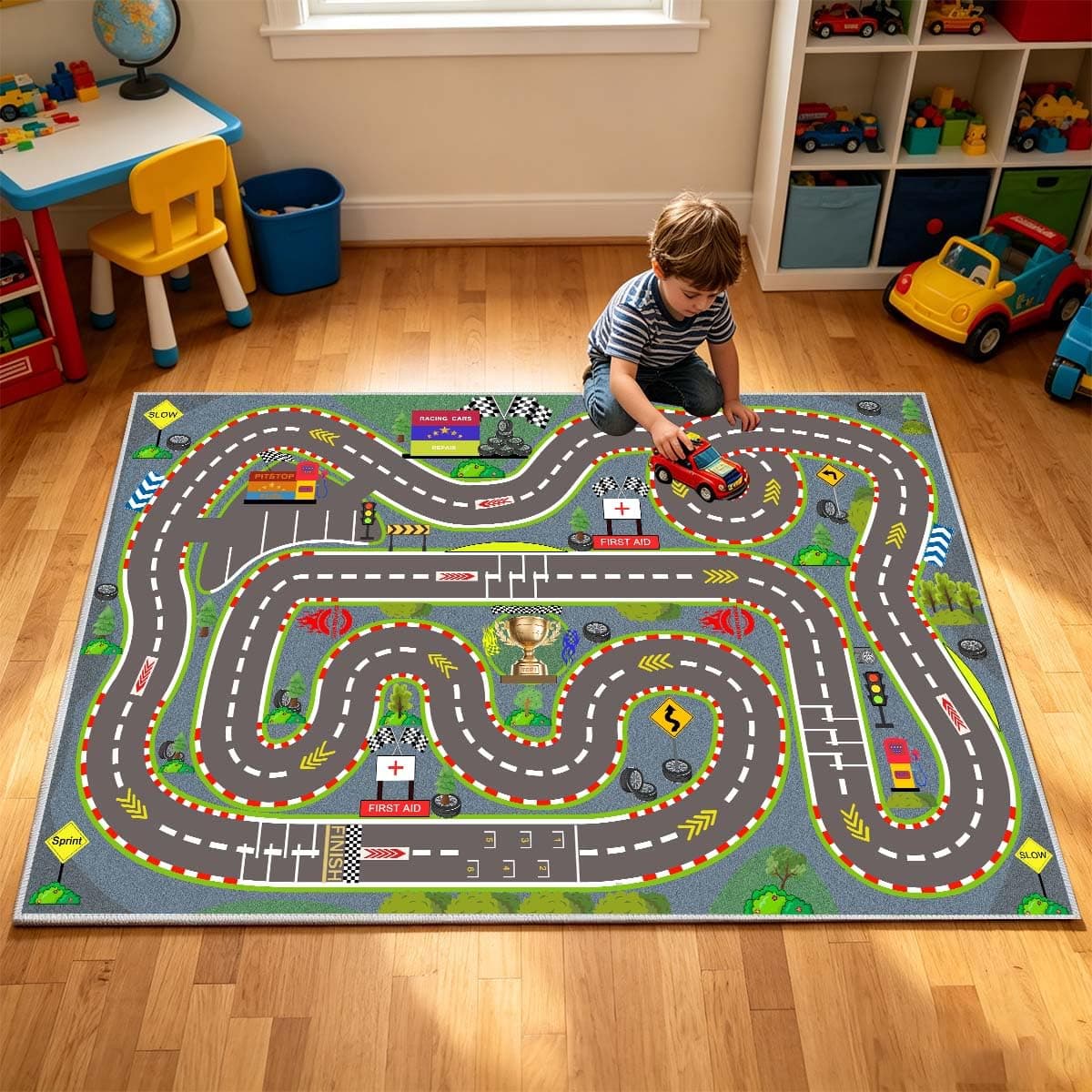 Pyrrhite Kids Rug Race Track Play mat RugsKids Carpet with Rubber Backing, Start and Finish line Racing Track Marking Car Road Race 3D Play Mat Kids Rugs for Children Bedroom Playroom （63×94IN）
