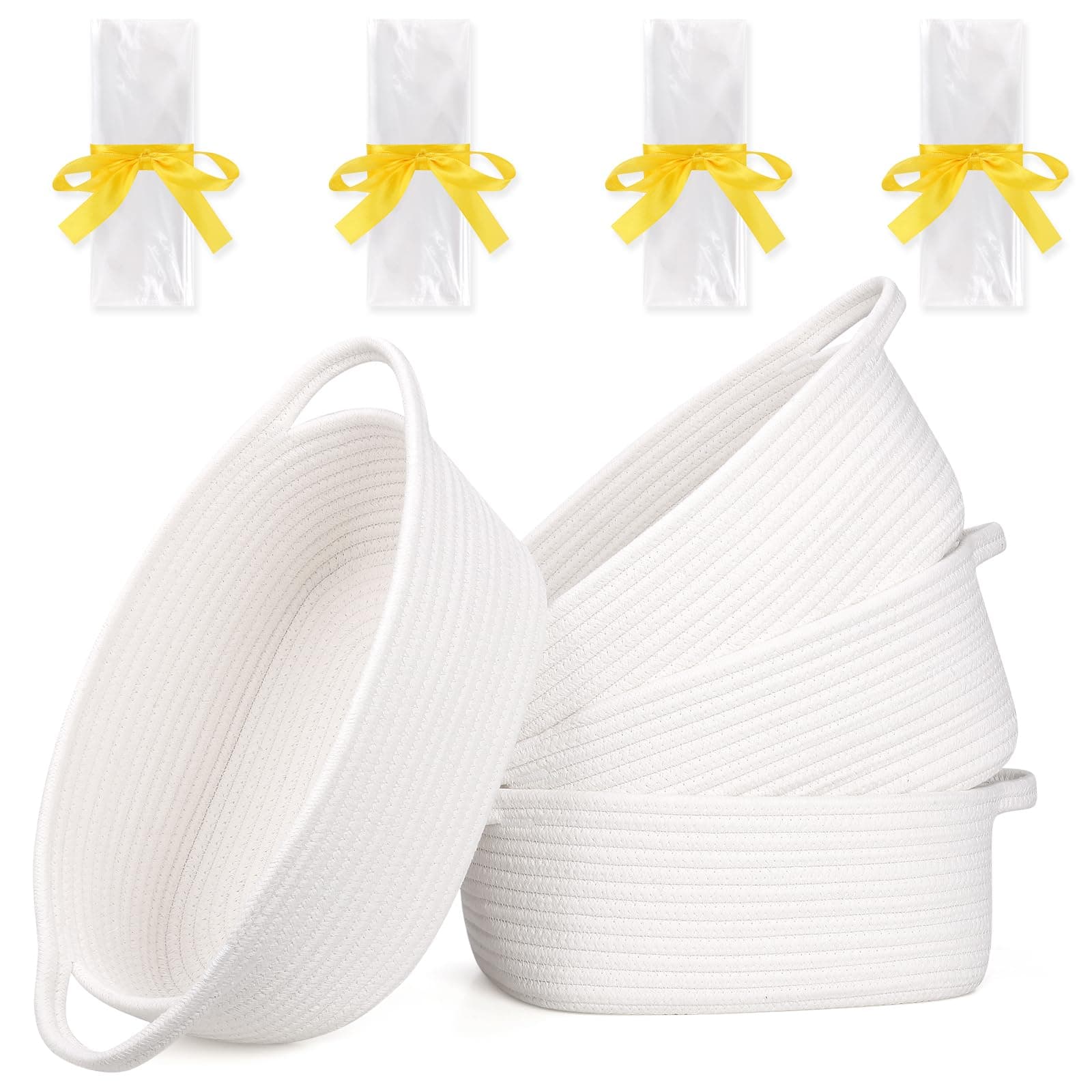 SweetMemo Gift Baskets Empty Bulk Set, 12x8x5 inch - Small Cute Woven Rope Basket for Baby Showers Gifting, Kids Toys - Includes Gift Bag & Ribbon, Perfect for Wedding, Partys, Cream White, 4 Pack