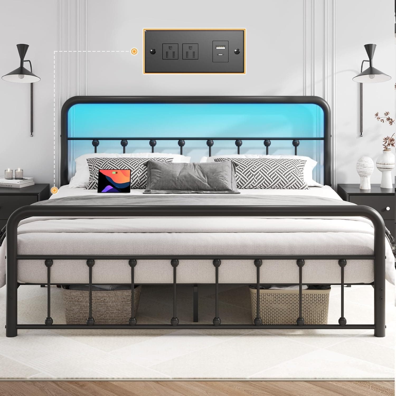 VICTONE Metal Platform Bed Frame with Iron-Art Headboard and Footboard, LED Lights, Charging Station, All Metal Slats Support, Noise Free, Under Bed Storage, No Box Spring Needed, Black (Queen Size)