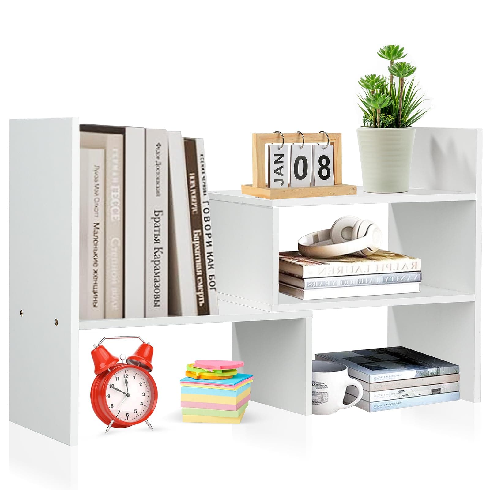 Olyzer Desktop Organizer Office Storage Rack, Adjustable Bookshelf Display Shelf, Versatility Office Supplies Desk Organizer, Free Style Expandable Desktop Bookcase Stand Shelf (White)