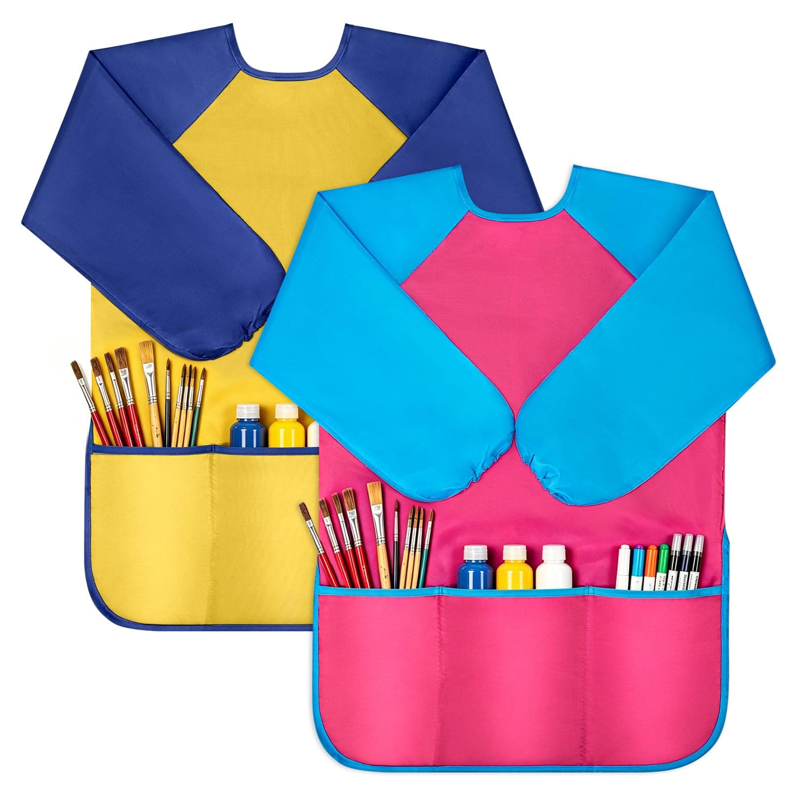 VCOSTORE 2 Pcs Kids Art Smock, Waterproof Toddler Paint Smock, Long Sleeve child painting apron with 3 Pockets