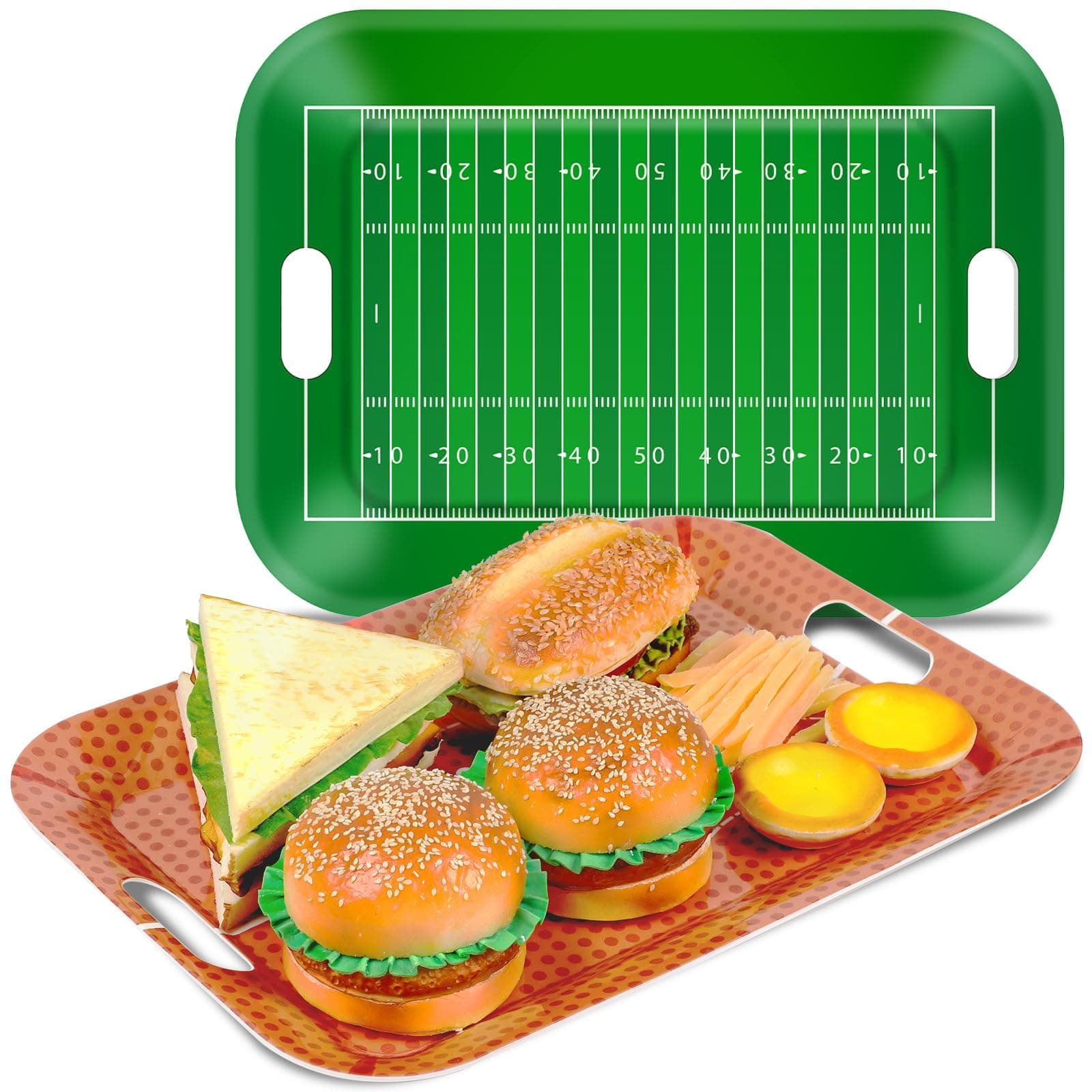 gisgfim 2Pcs Football Serving Trays, 16.1 x 11.1 Inch, Melamine, Rectangular, Green, Football Themed Design, Stackable, Handle, Perfect for Game Day Snacks, Tailgate, Birthday Party Decorations