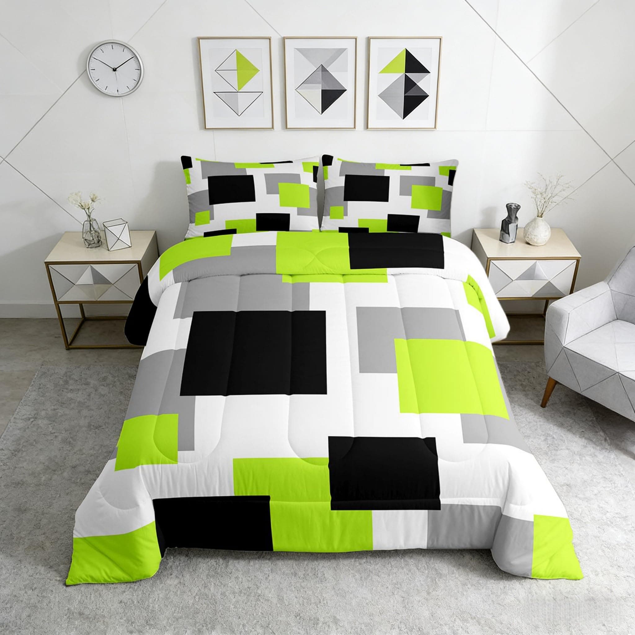 Castle Fairy Green Grey White Bed Comforter Set Queen Size,Geometric Grid Square Splicing Super Soft Microfiber Bedding Set for Girls Boys,Modern Abstract Decorative Quilter Set 3 Pcs