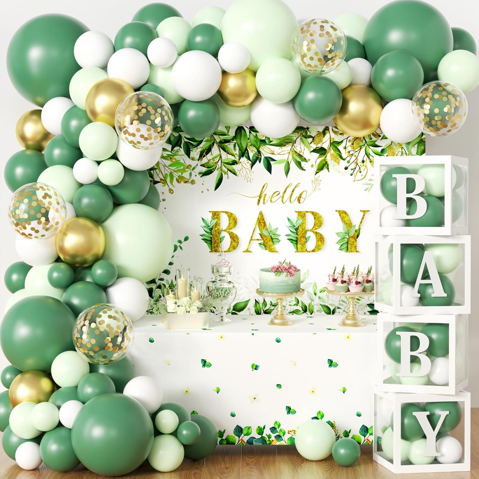 Sage Green Neutral Baby Shower Decorations Safari Theme Baby Boxes with Letters Woodland Jungle Balloon Garland Rustic Party Backdrop Leaf Tablecloth Para Baby Birthday Party Supplies (126 pack)