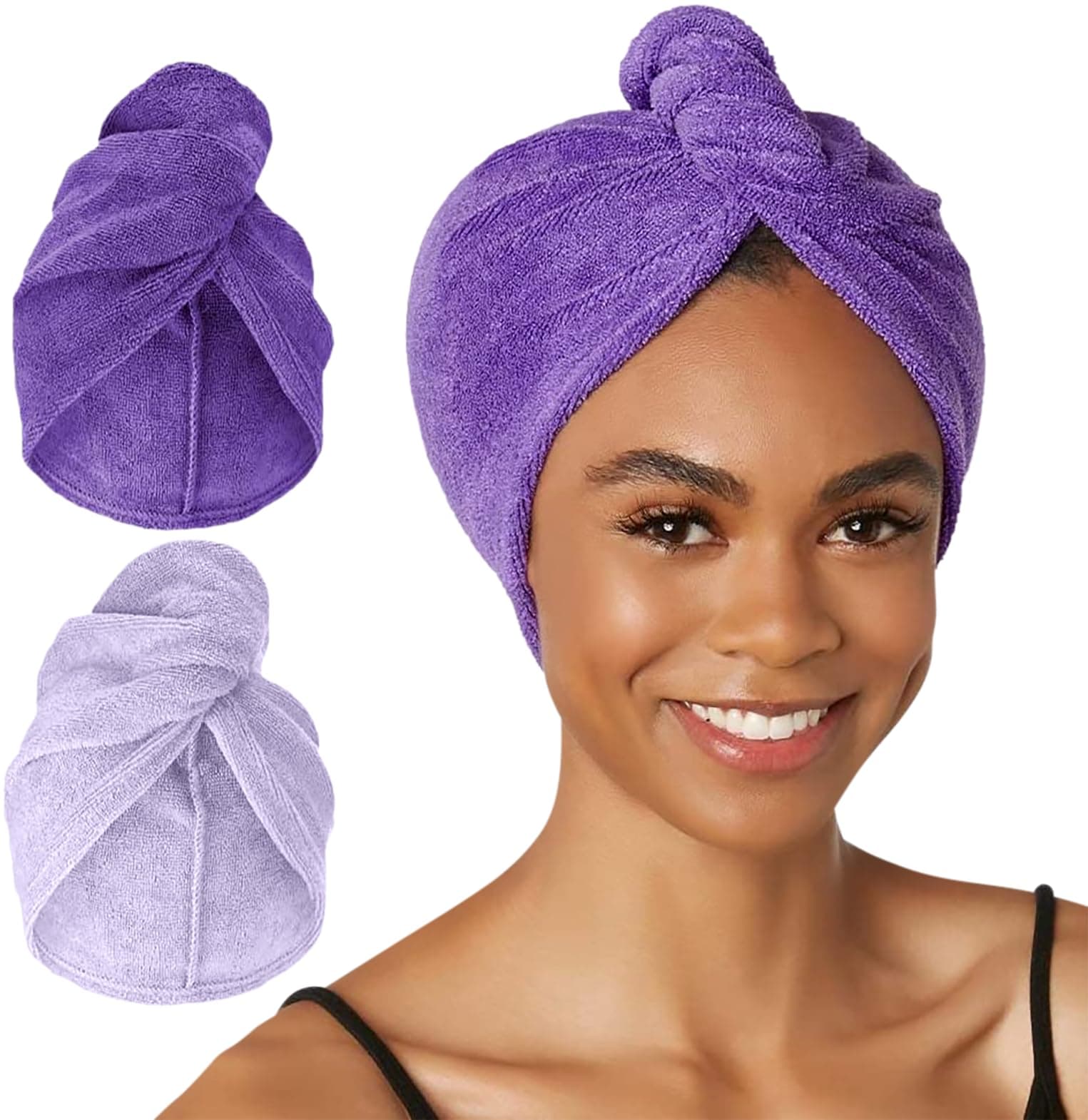 Turbie Twist Microfiber Hair Towel Wrap for Women and Men | 2 Pack | Bathroom Essential Accessories | Quick Dry Hair Turban for Drying Curly, Long & Thick Hair (Dark Purple, Light Purple)