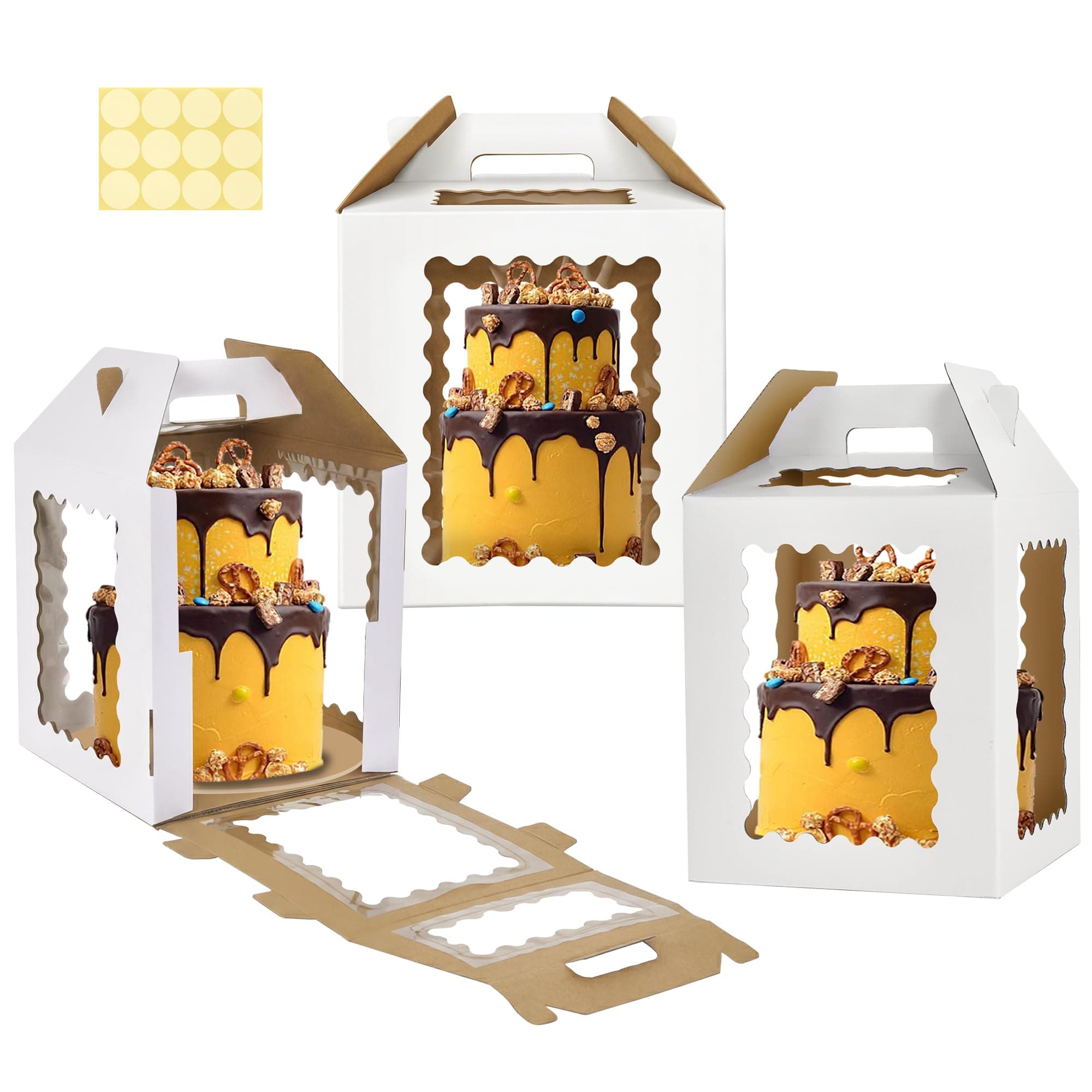 WINHPH 12inch Tall Cake Boxes 6 Windows with handle,12x12x12 Tiered Cake Box, Square cake carrier,largeTake Out Transport Containers Ideal for 10" & 12" Tiered Cakes (3Pack-White)