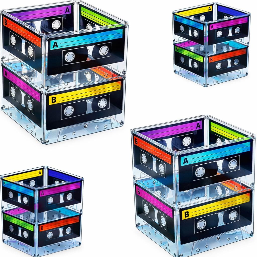 4E's Novelty Cassette Tape Bucket Centerpiece (Pack of 4) 80s Party Supplies, 90's Theme Birthday Party Decoration Cassette Tape Table Decor, Retro Hip Hop Pop Music Culture Party for Adults & Kids