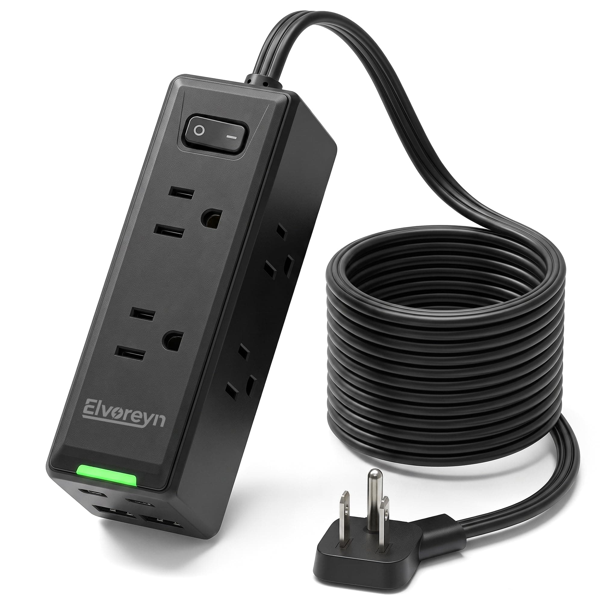 ELVOREYN 6 FT Flat Plug Extension Cord Power Bar with 6 Outlets and 4 USB