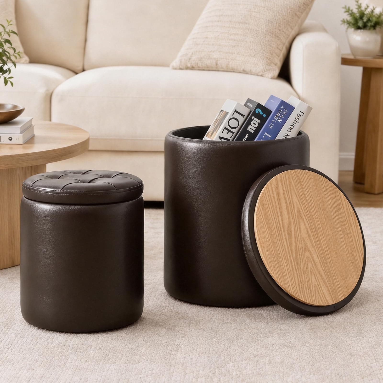 oakvivo Round Set of 2 14.76" L x 14.76" W x 17.32" H Faux Leather Ottoman with Storage, Small Foot Rest Storage Ottomen with Lid Living Room, Bedroom Vanity Stool Chair, Coffee