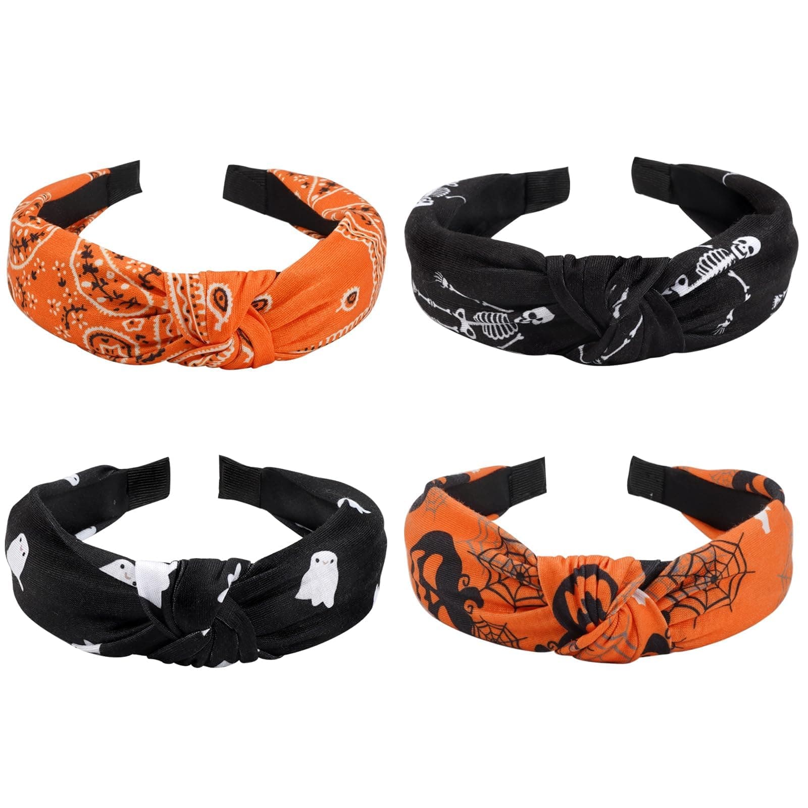 4pcs Halloween Headbands Skeleton Skull Ghost Pumpkin Wide Knot Heabdands for Women Girls Orange Bandana Hairbands Fall Hair Accessories Halloween Party Outfit Gifts
