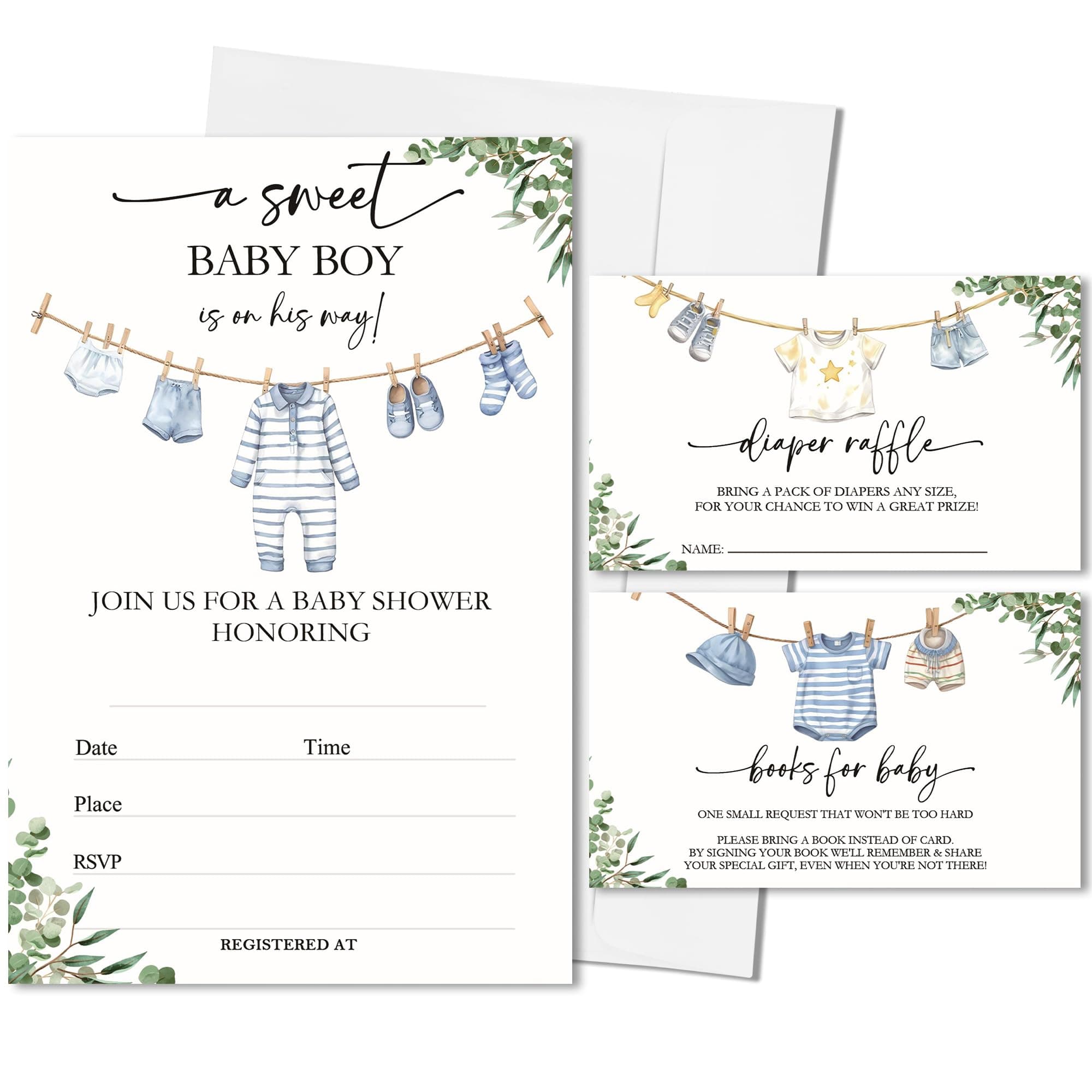 Vodbok 25 Sets Baby Shower Invitations,A Sweet Baby Boy Is On His Way Baby Shower Invites With Envelopes，Book Request Cards, Diaper Raffle Tickets,Gender Reveal Party Decorations & Supplies-A01