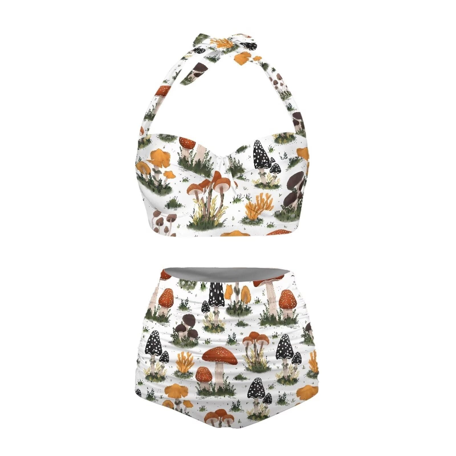 Annejudy Women Two Piece Bikini Set Swimsuit Halter Ruched High Waist Bikini with Bottom, Forest Mushroom, Large