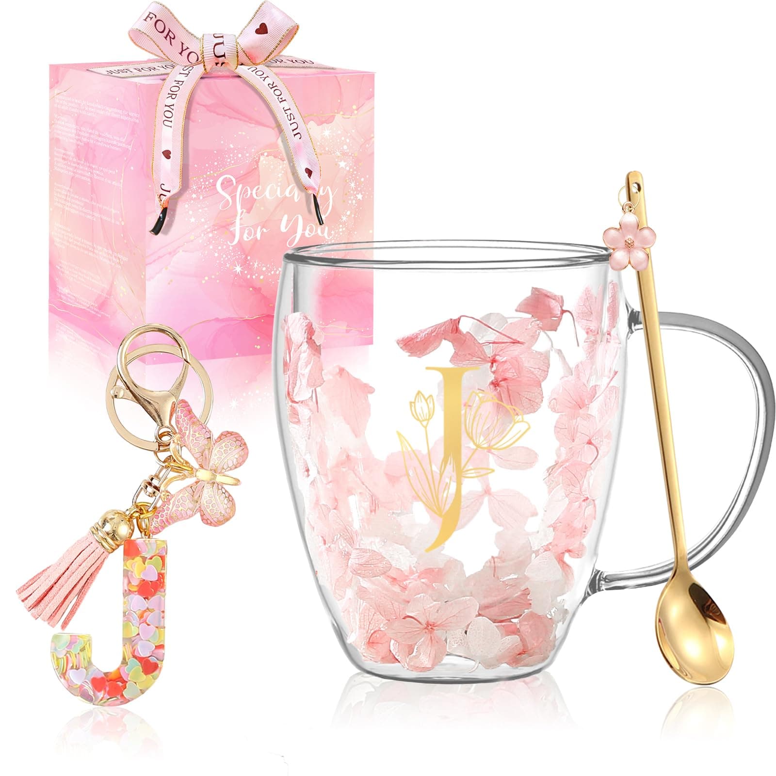 Personalized Birthday Gift for Women Flower Glass Coffee Mug Initial Tea Cup with Spoon Monogrammed Customized Valentine Mother's Day Christmas Gift for Mom Wife Friends Sister Stocking Stuffers (J)