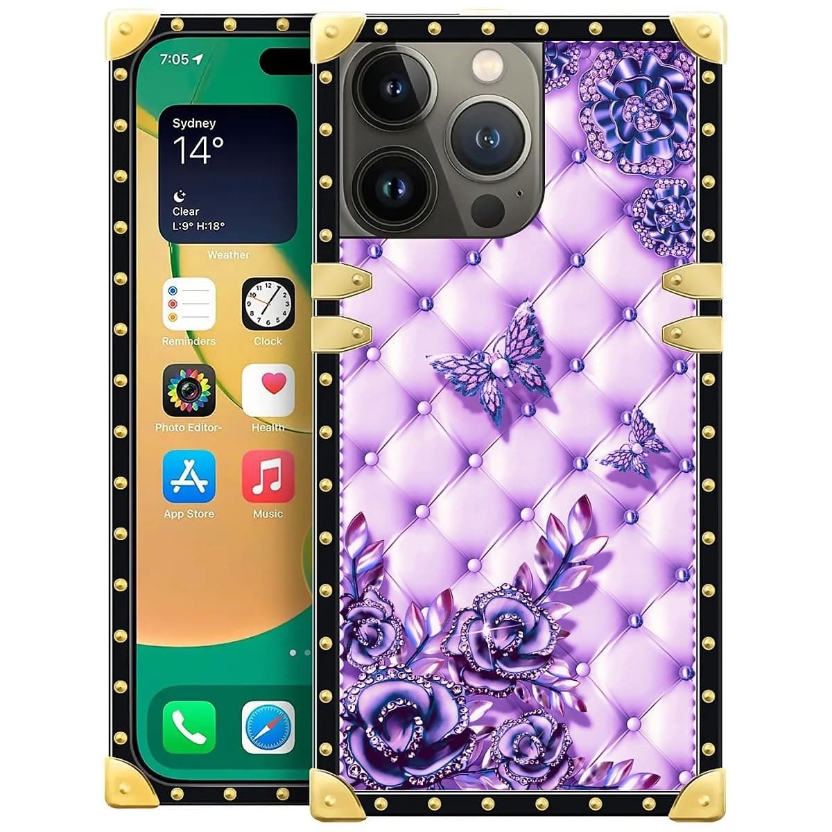 WANKBLC Compatible with iPhone 14 Pro Case, Purple Butterfly Flowers Leaf Luxury Golden Decoration for Girl Women Soft TPU Shockproof Protective Hard PC Back for iPhone 14 Pro