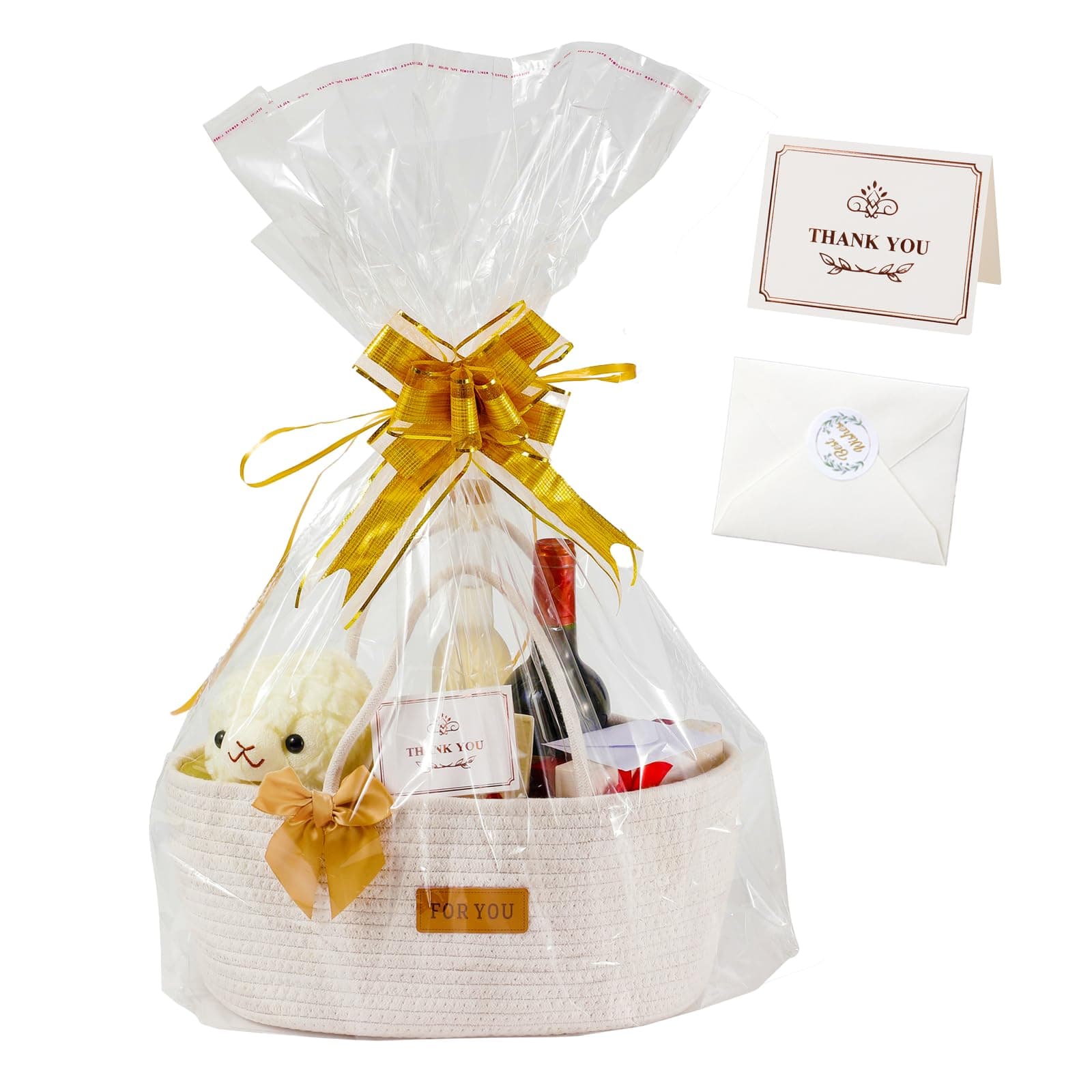 Mothers Day Gift Basket Empty Woven Basket with Bowbie Greeting Cards Ribbon Gift Bag Set, Cotton Rope Storage Baskets With Handle For Baby Belongs Toy Storage Basket Party Holiday Shower Gifts Box