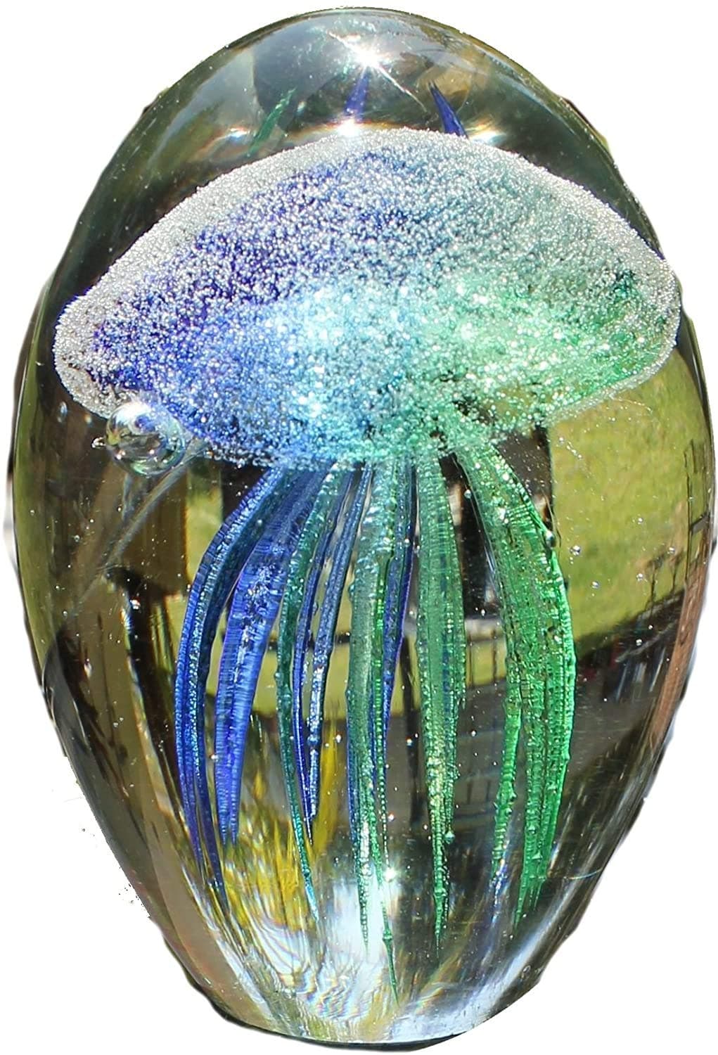 SunRise Hand Blown Glass - Jellyfish Paperweight, Glow in The Dark Glass with Multi-Color Light Base (Teal,)