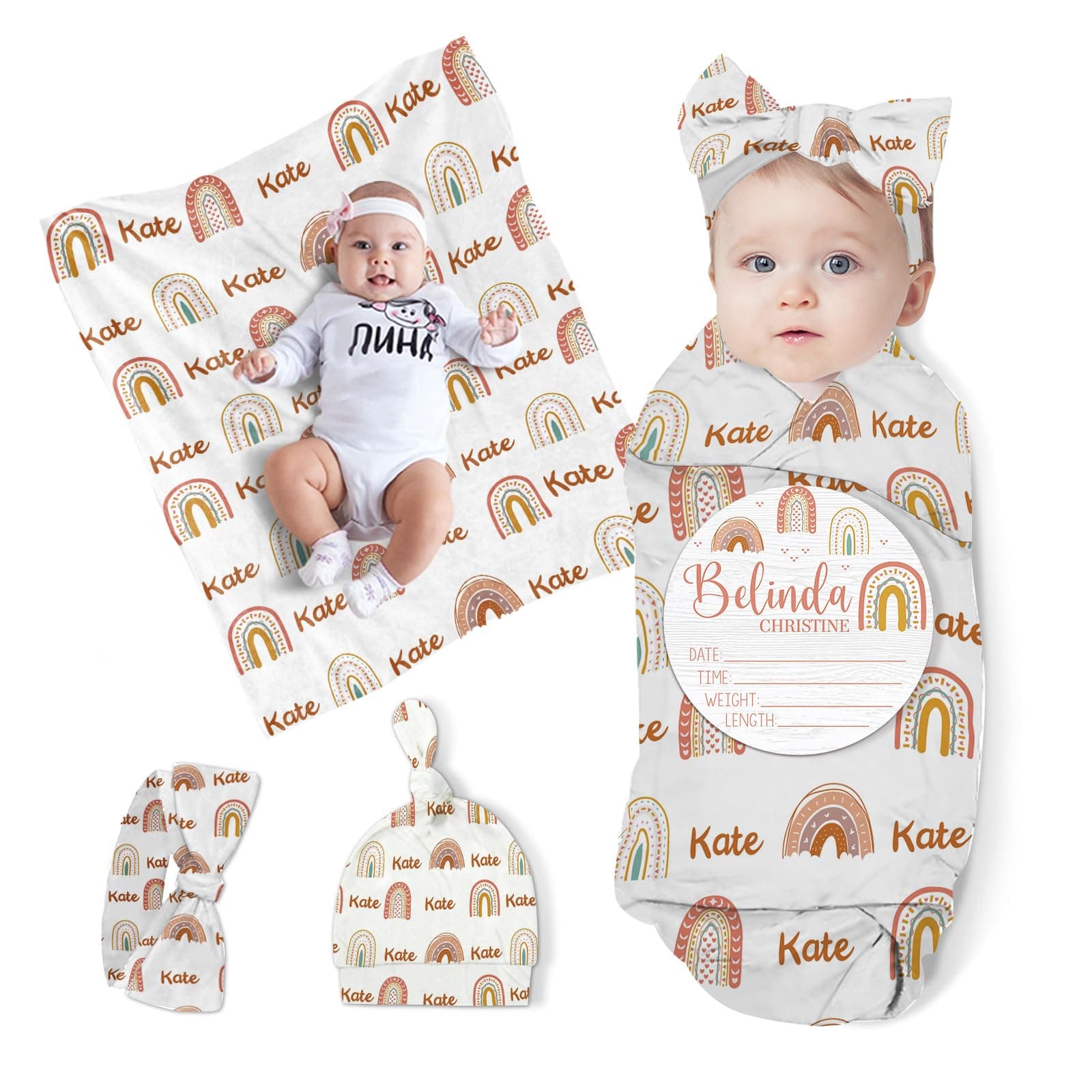 Duckbe Custom Baby Swaddle Set - Muslin Swaddle Blanket Hat Headband for Infant Baby Girl Boy Personalized Swaddle Blanket Newborn Gift Rainbow(Fixed Size)