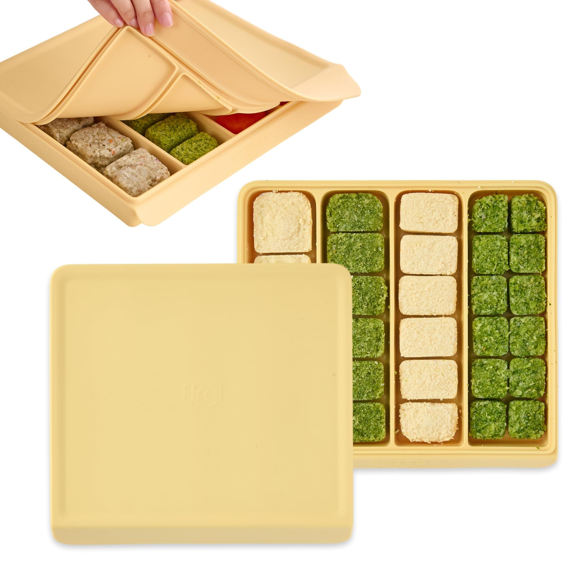 Firgi Silicone Baby Food Storage Container with Lid - 26oz 4 Compartment Stackable Meal Prep for Puree, Snacks, Kimbap & Sushi - Airtight, Microwave & Dishwasher Safe, Made in Korea, Yellow
