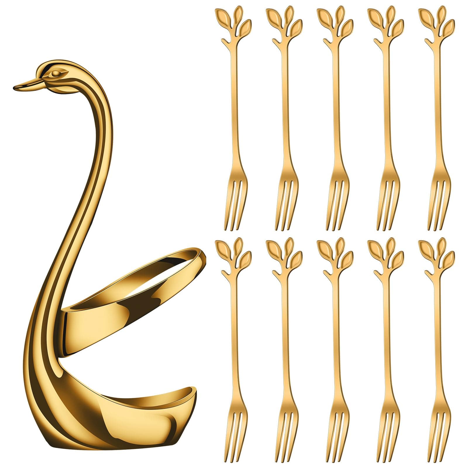 AnSaw Gold Swan Base Holder Set with 10-pcs Mini Leaf Dessert Forks-4.7"