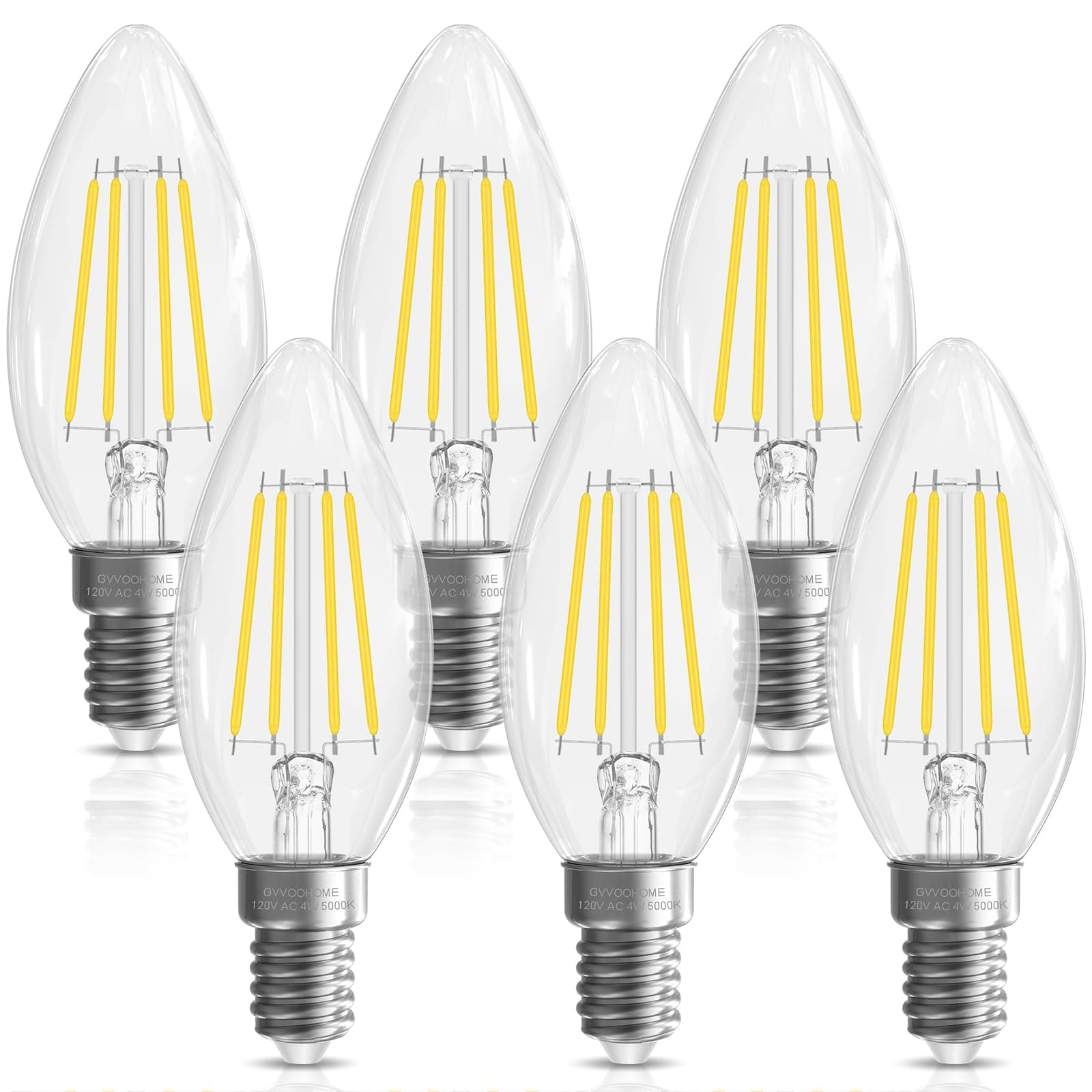 GvvooHome LED Candelabra Light Bulbs 40 watt Equivalent, E12 LED Bulb Non-Dimmable Chandelier Light Bulb, 5000K Daylight B10 LED Candle Bulb, 90+CRI, 400LM, Cear Glass, 6 Pack