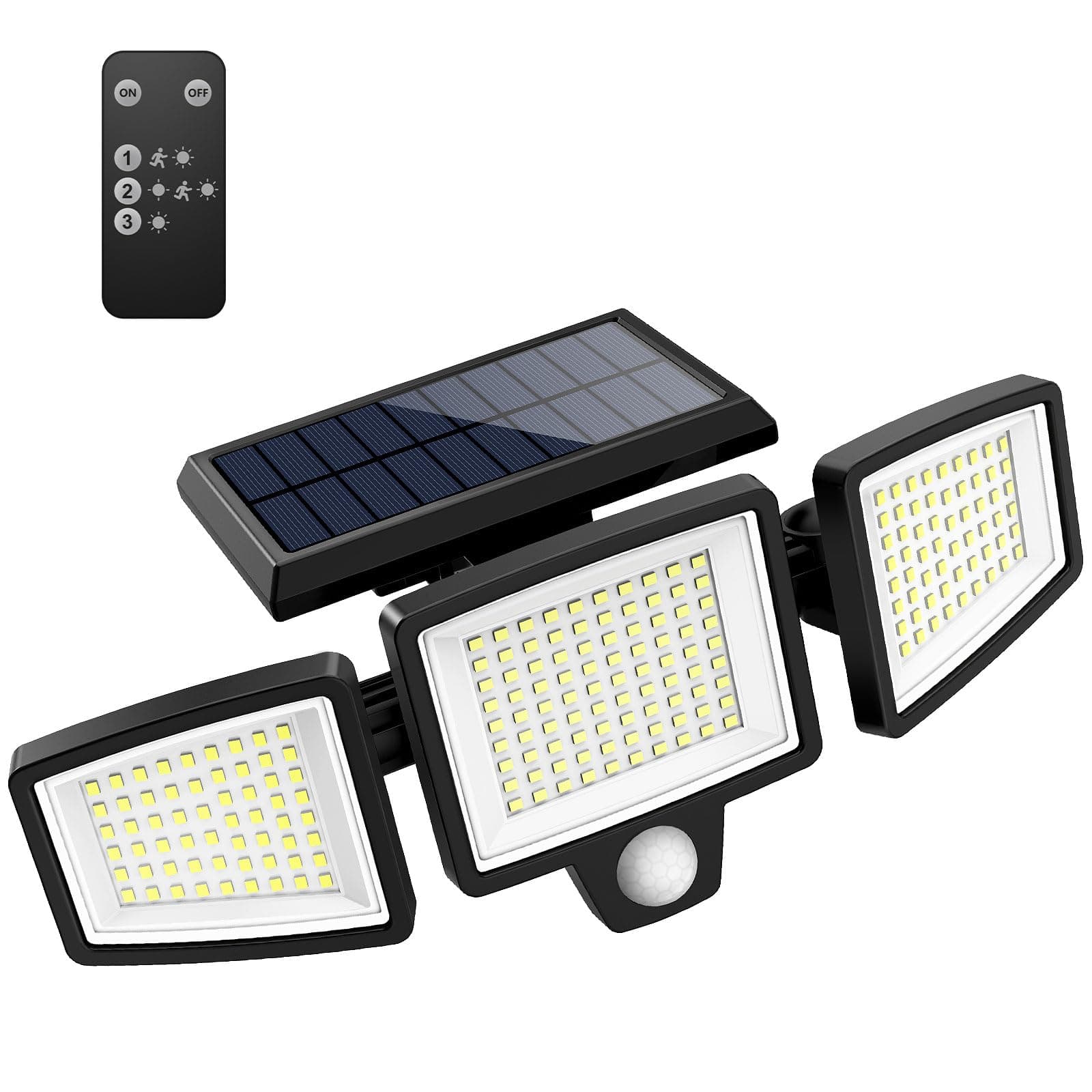 Tuffenough Solar Outdoor Lights 2500LM 210 LED Security Lights with Remote Control,3 Heads Motion Sensor Lights, IP65 Waterproof,270° Wide Angle Flood Wall Lights with 3 Modes(1 Packs)