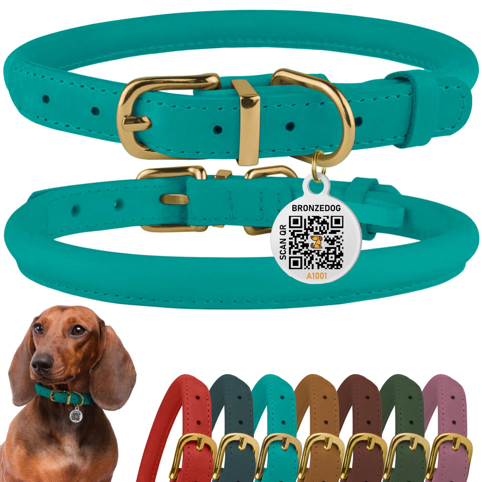 BronzeDog Rolled Leather Dog Collar with QR ID Tag, Adjustable Soft Round Collars for Small Medium Large Dogs Puppy (9" - 11" Neck Size, Turquoise)
