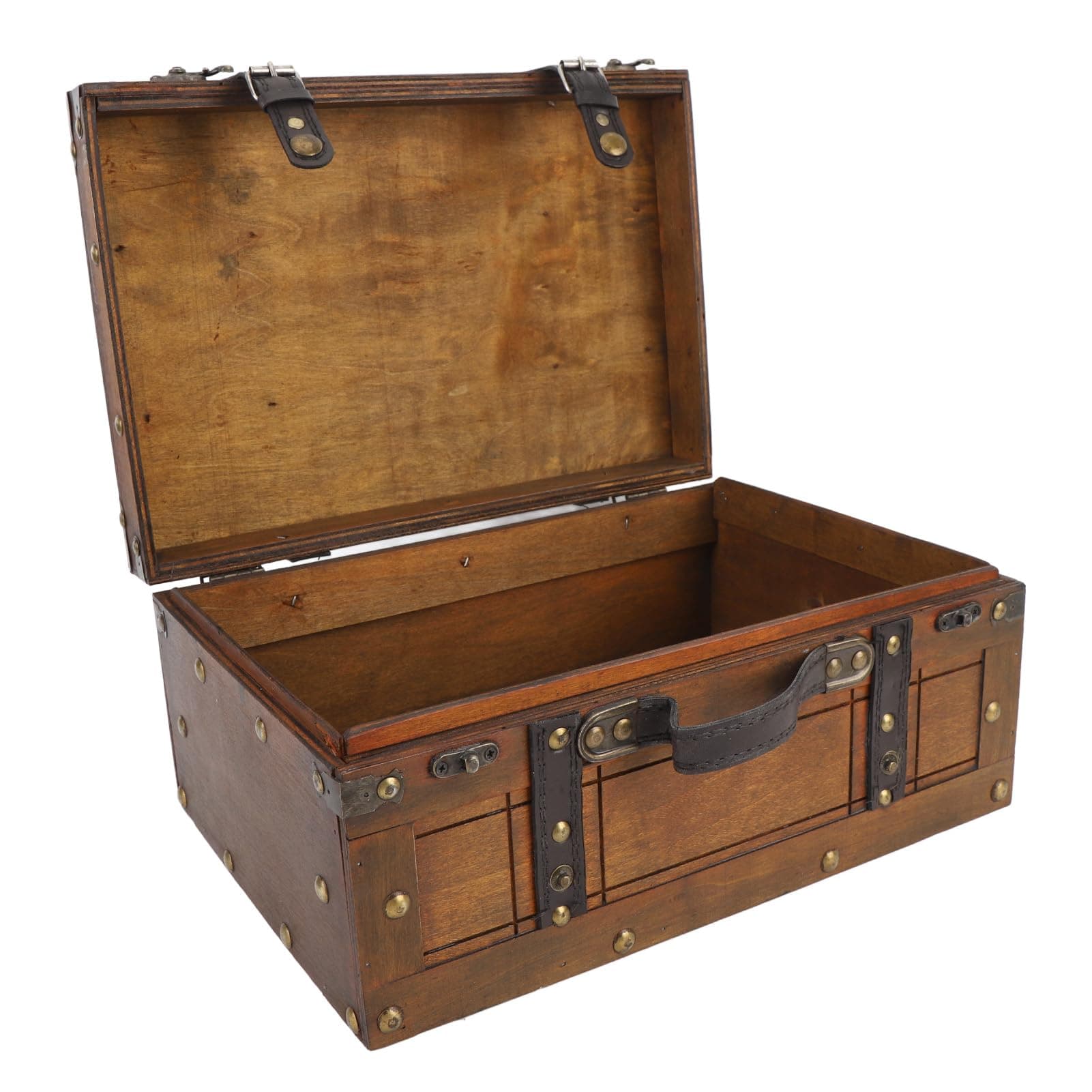 Pretfy Vintage Wooden Chest Storage Trunk with Leather Handle, Distressed Wood Box for Home Decor, Clothes, Toys, Photography Props, Retro Suitcase Style Organizer (Large)