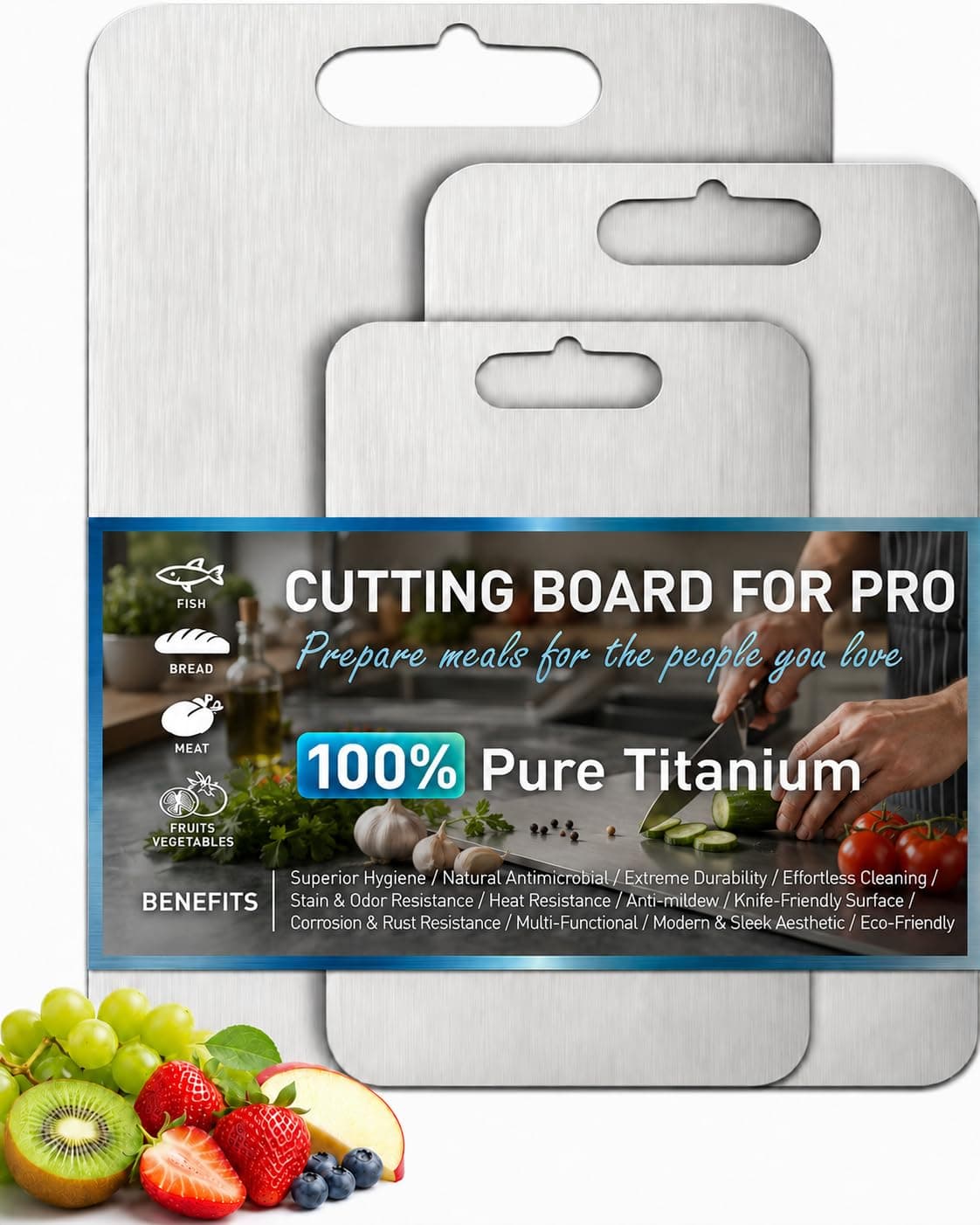 100% Pure Titanium Cutting Board Set of 3, Non-Toxic Titanium Cutting Boards for Kitchen, Double-Sided Food Grade Cutting Board Ideal Charcuterie & Cutting for Meat,Vegetables,Durable Dishwasher