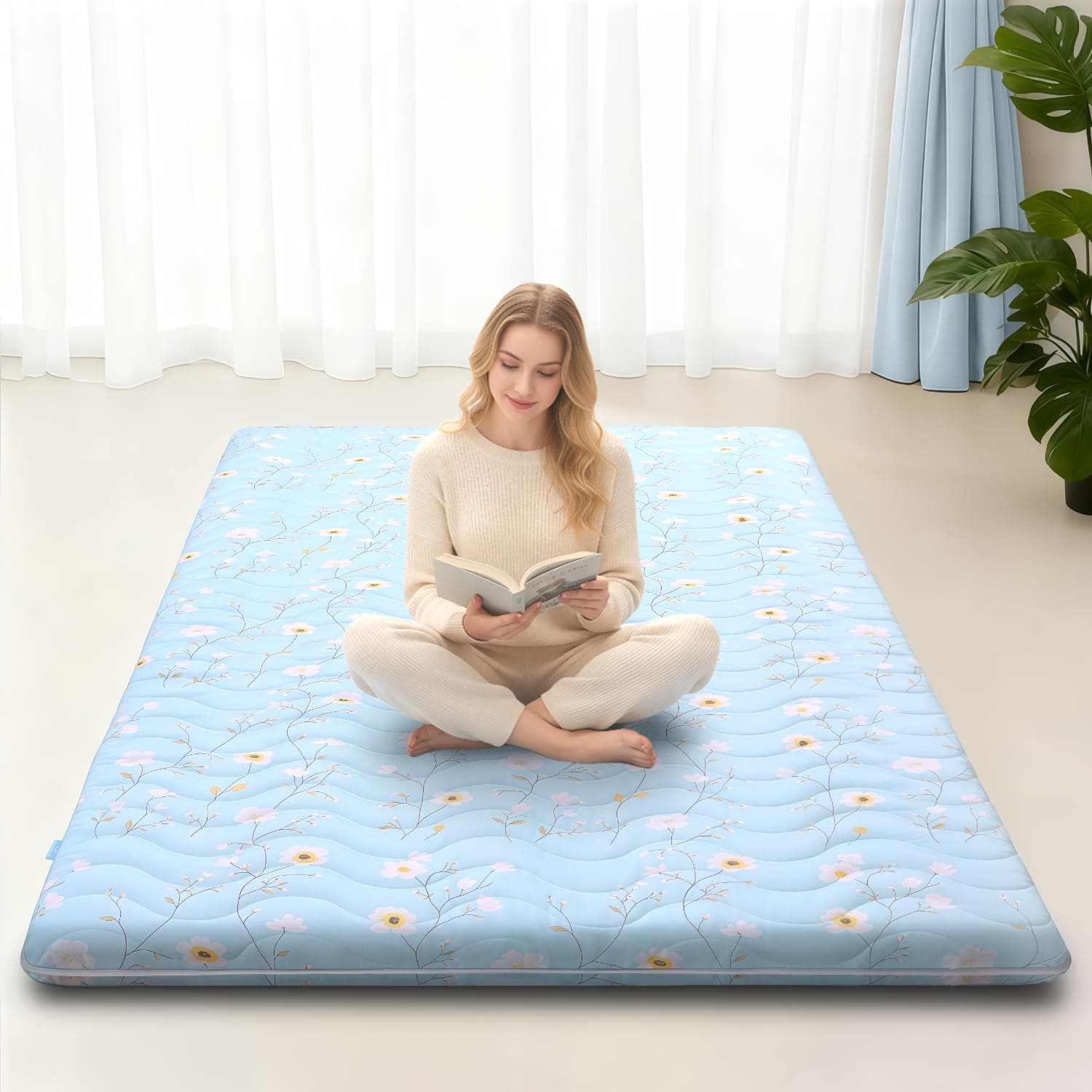 SCHNAUZER HOME Japanese Floor Mattress, 3.5" Thicken Floral Pattern Portable Futon Mattress, 100% High-Density Foam Tatami Mat Sleeping Pad for Camping Guest Room Dormitory RV, Light Blue, Twin