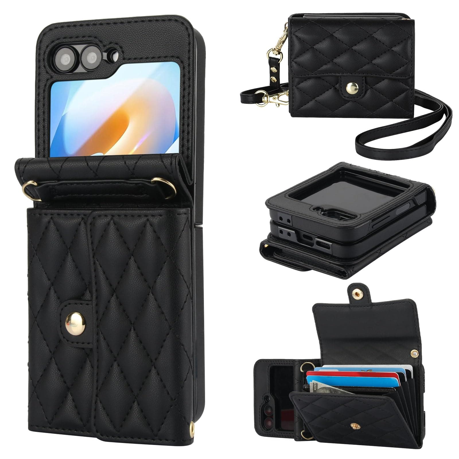 KIHUWEY for Samsung Galaxy Z Flip 6 Wallet Case, Crossbody Purse with Credit Card Slot Holder RFID Blocking PU Leather Adjustable Lanyard Detachable Strap Wrist for Women (Black)