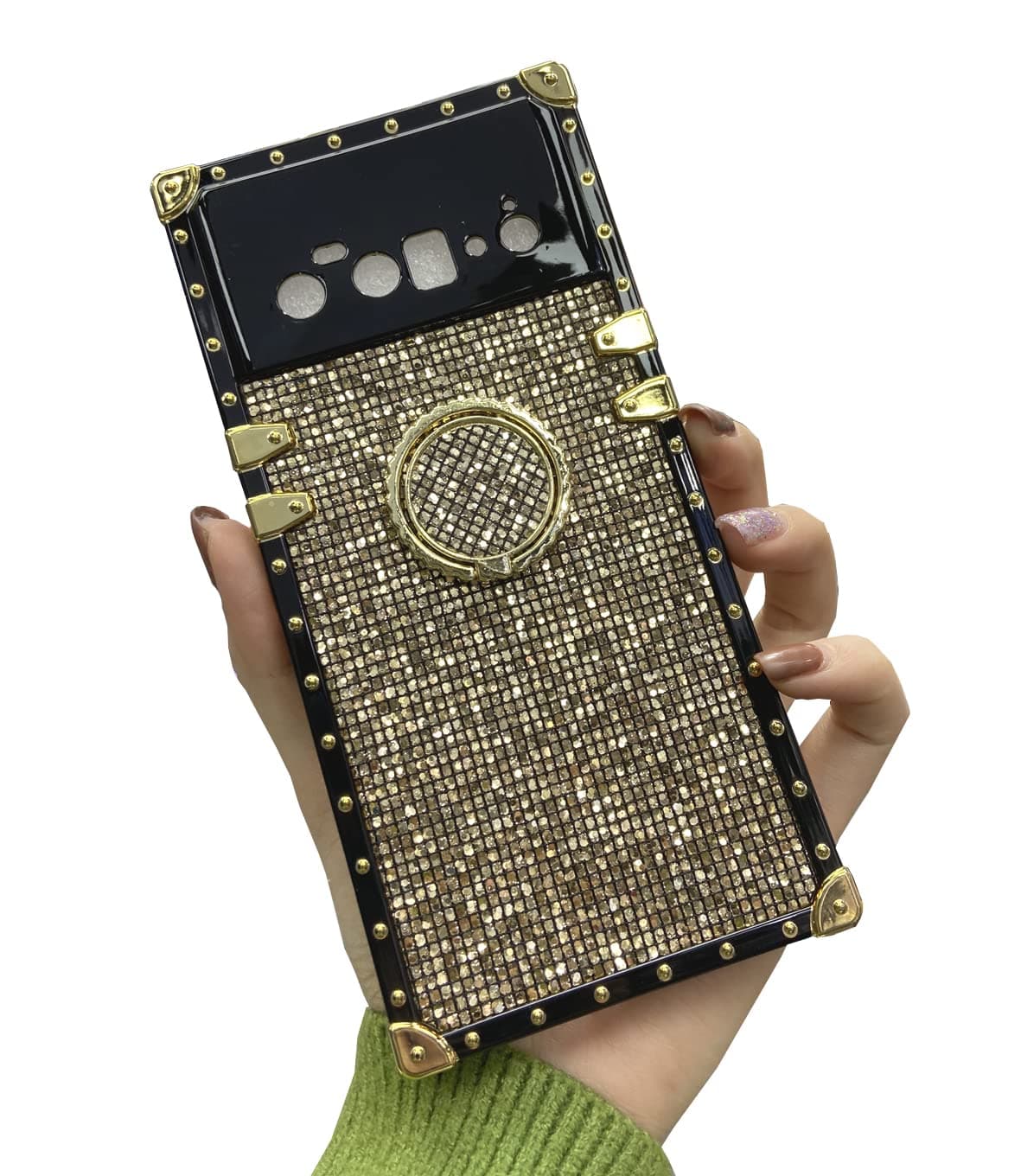 ZBCLV for Google Pixel 8 (not fit Pixel 8 Pro) Bling Case for Women Girls Luxury Box Trunk Design Cute Pretty Glitter Soft Cover with Finger Ring Grip Kickstand Phone Skin,Gold
