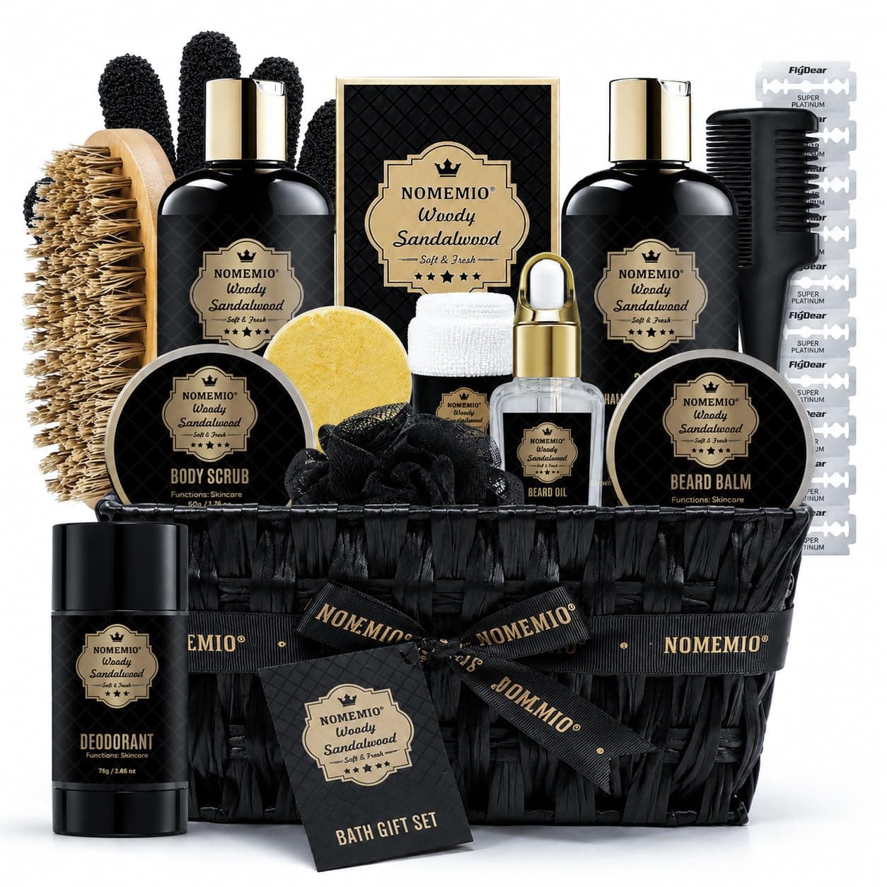 NOMEMIO Luxury Spa Gift Basket for Men, Father's Day Gifts, Sandalwood Bath Gift Set, 2-in-1 Body Wash, Deodorant, Beard Oil, Hand Towel, Brush, Scissors, Combs, Woven Basket