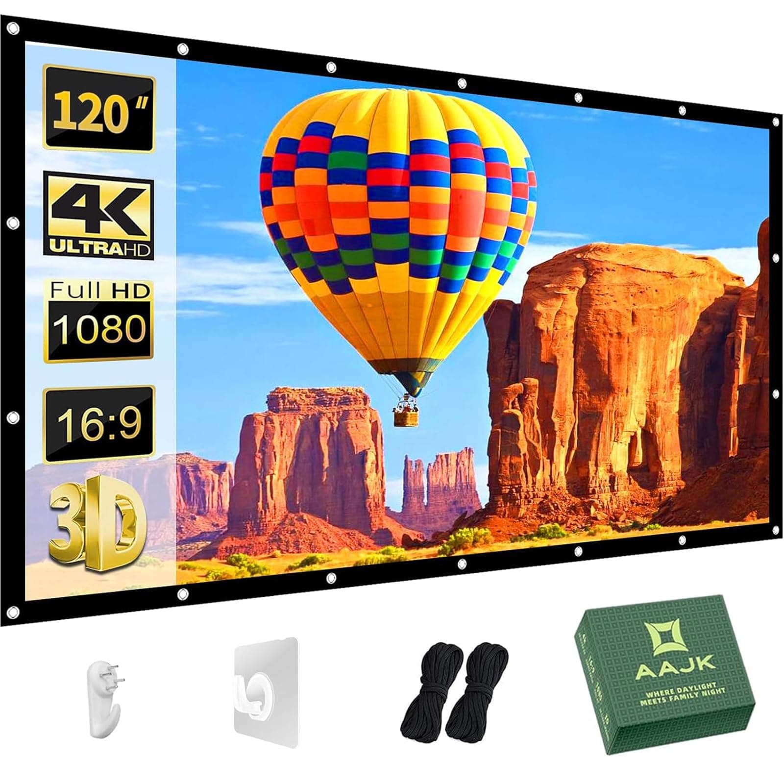 AAJK Outdoor Projector Screen 120 inch, Washable Projector Screen 16:9 Foldable Anti-Crease Portable Projector Movies Screen for Home Theater Outdoor Indoor Support Double Sided Projection