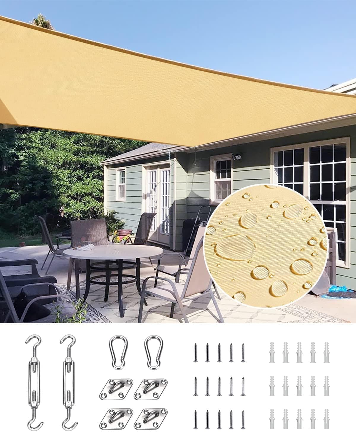 Quictent Waterproof Sun Shade Sail for Patios 185G Polyester Fabric Cloth, 98% UV Block Outdoor Awning Shelter for Commercial, Backyard, Garden, Deck, Hardware Kit Included 12x16 ft, Sand