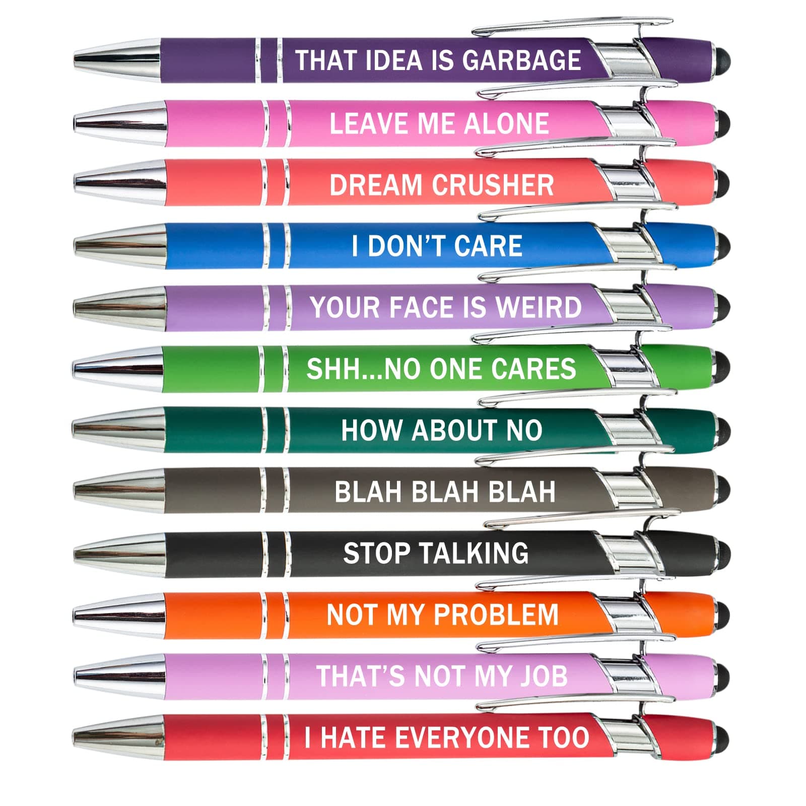 PASISIBICK 12 Pieces Funny Sarcastic Ballpoint Pens, Office Snarky Touch Screen Stylus Pen Encouraging, Black Ink (12 Color,Negative)