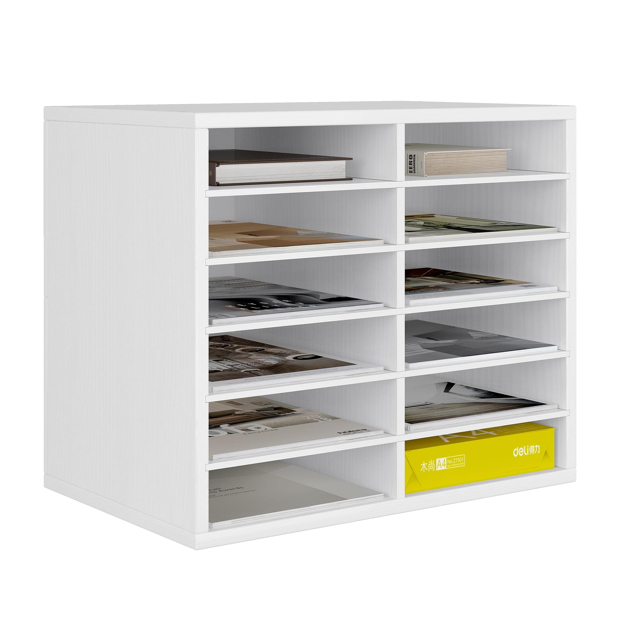 Senhoglb Desk Organizers and Storage, 6 Tier Desk File Organizer Upright Wood Desk Shelf Organizer, Wood Desktop Literature Organizer, Wooden Mail Sorter, White(12 Compartments)