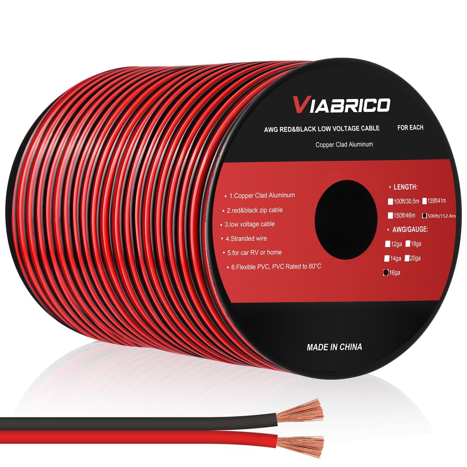 VIABRICO 16Gauge 500FT Electrical Wire Cable 2 Conductors Red Black Cable Hookup LED Lighting Strips Flexible Wire Extension Cord 16AWG Copper Clad Aluminum Copper Wire 12V/24V DC