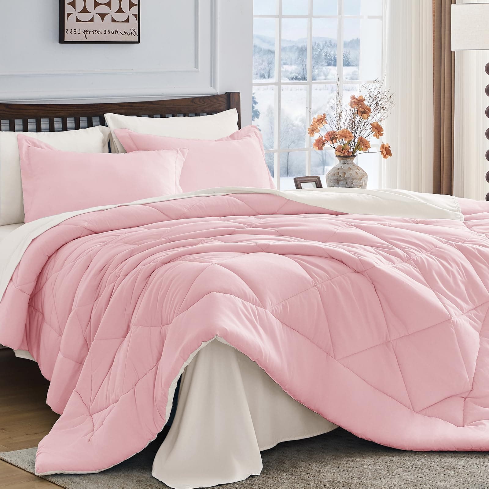 HEVUMYI 7-Piece Twin Comforter Set, Pink & Ivory
