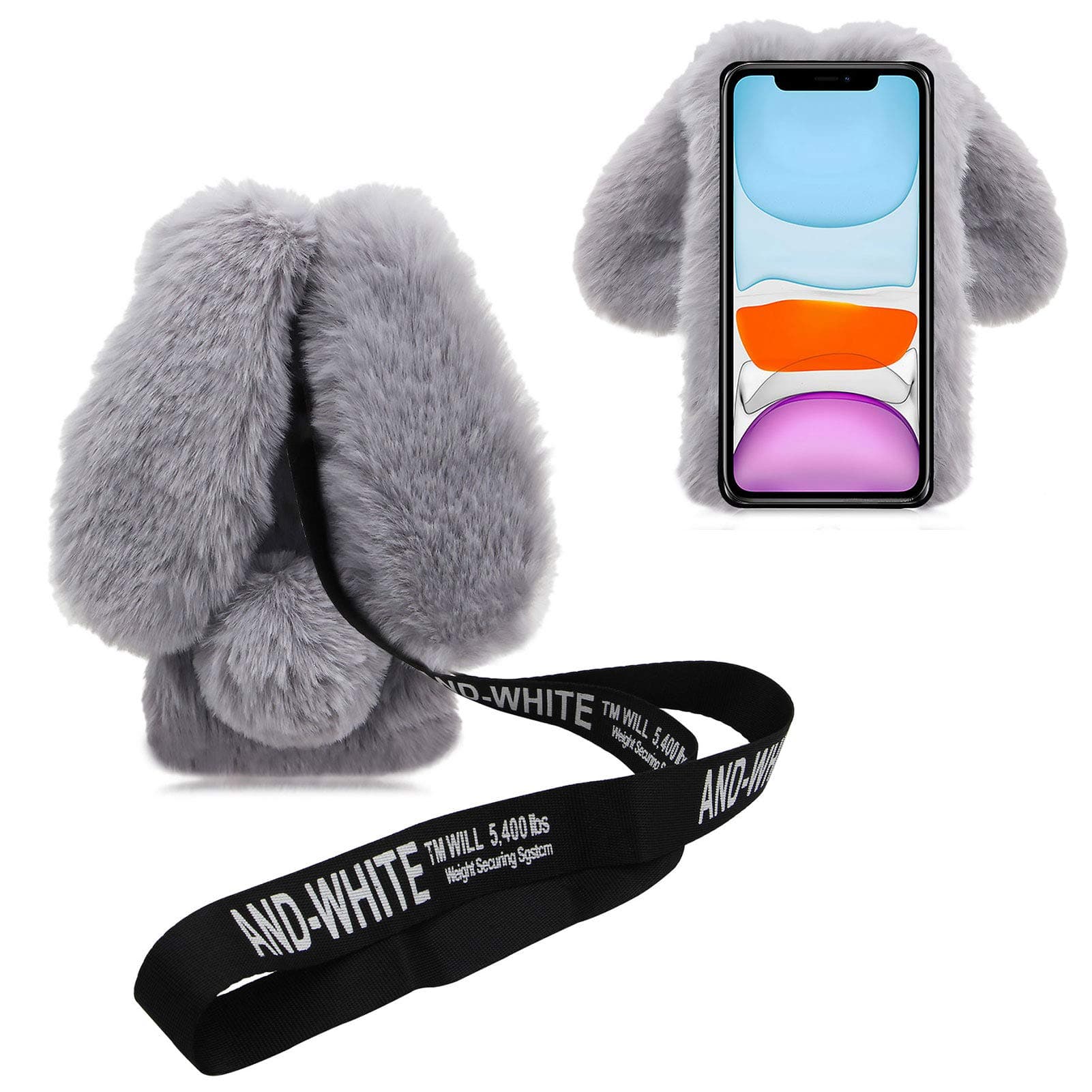 DOZRAOICI for iPhone 16 Pro Max 6.9" 3D Bunny Ears Plush Case with Crossbody Strap, Winter Warm Handmade Bling Diamond Soft Rabbit Fluffy Furry Fur Shockproof Protective Phone Cover, Light Grey