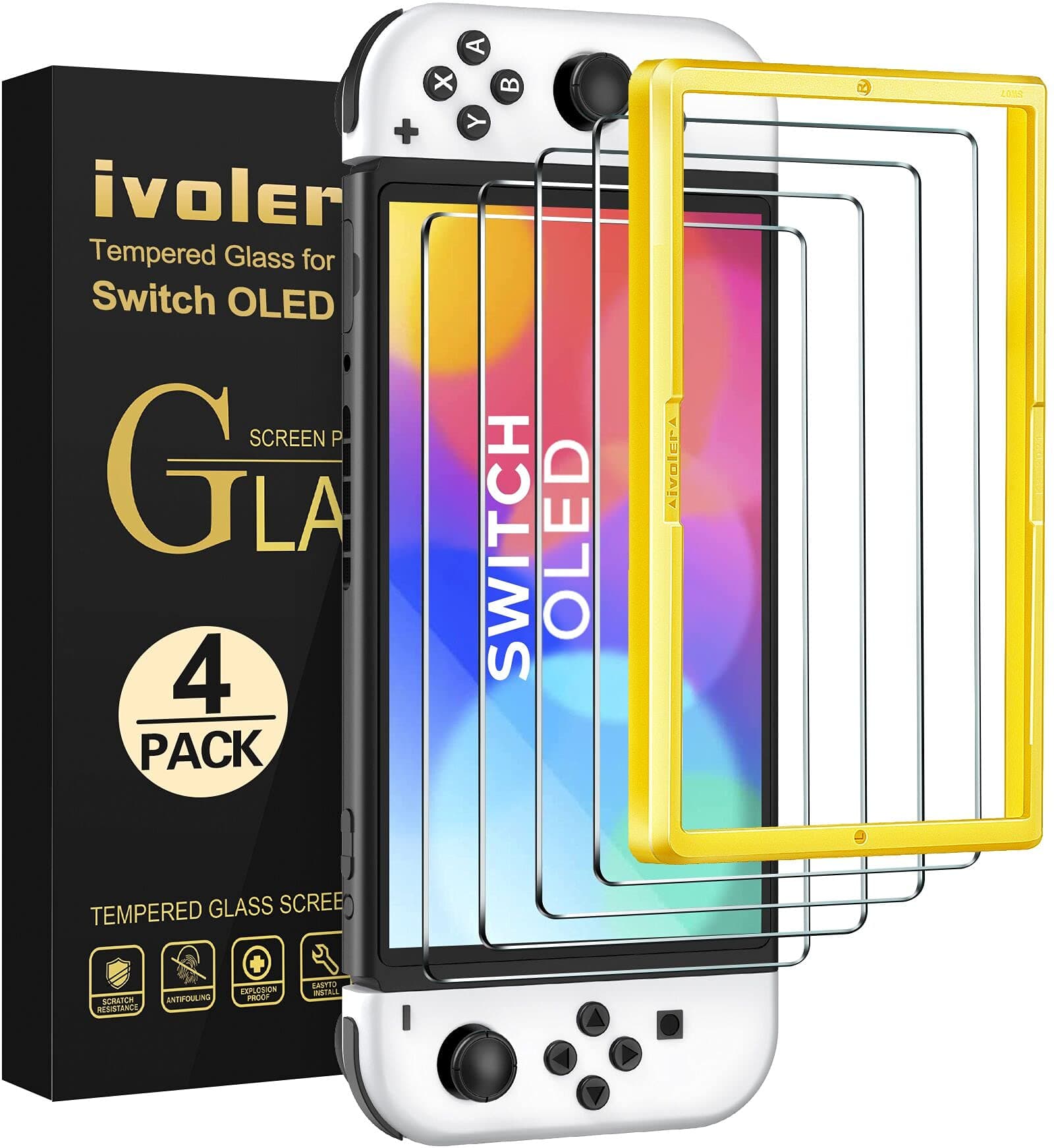 ivoler 4 Piezas Protector de Pantalla Compatible con Nintendo Switch OLED Modelo 7 Pulgadas 2021 Modelo, Incluye Marco de Instalación Fácil, Cristal Vidrio Templado Premium