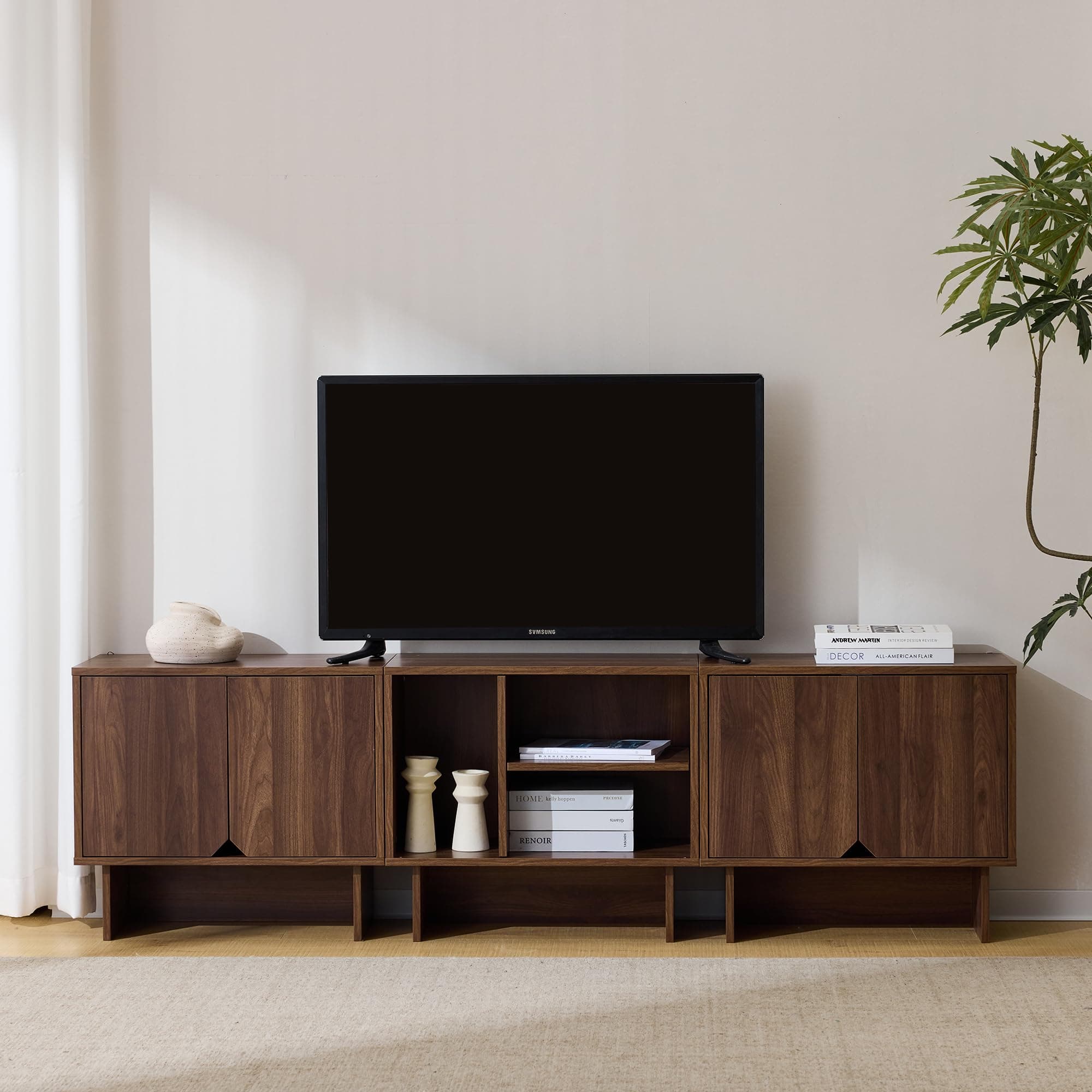 Modular TV Stand for 70-Inch TV, Entertainment Center with 3 Adjustable Shelves, Modern TV Stand Cabinet with 2 Movable Boards, Modular Storage for Living Room, Dining Room, Entryway, Walnut