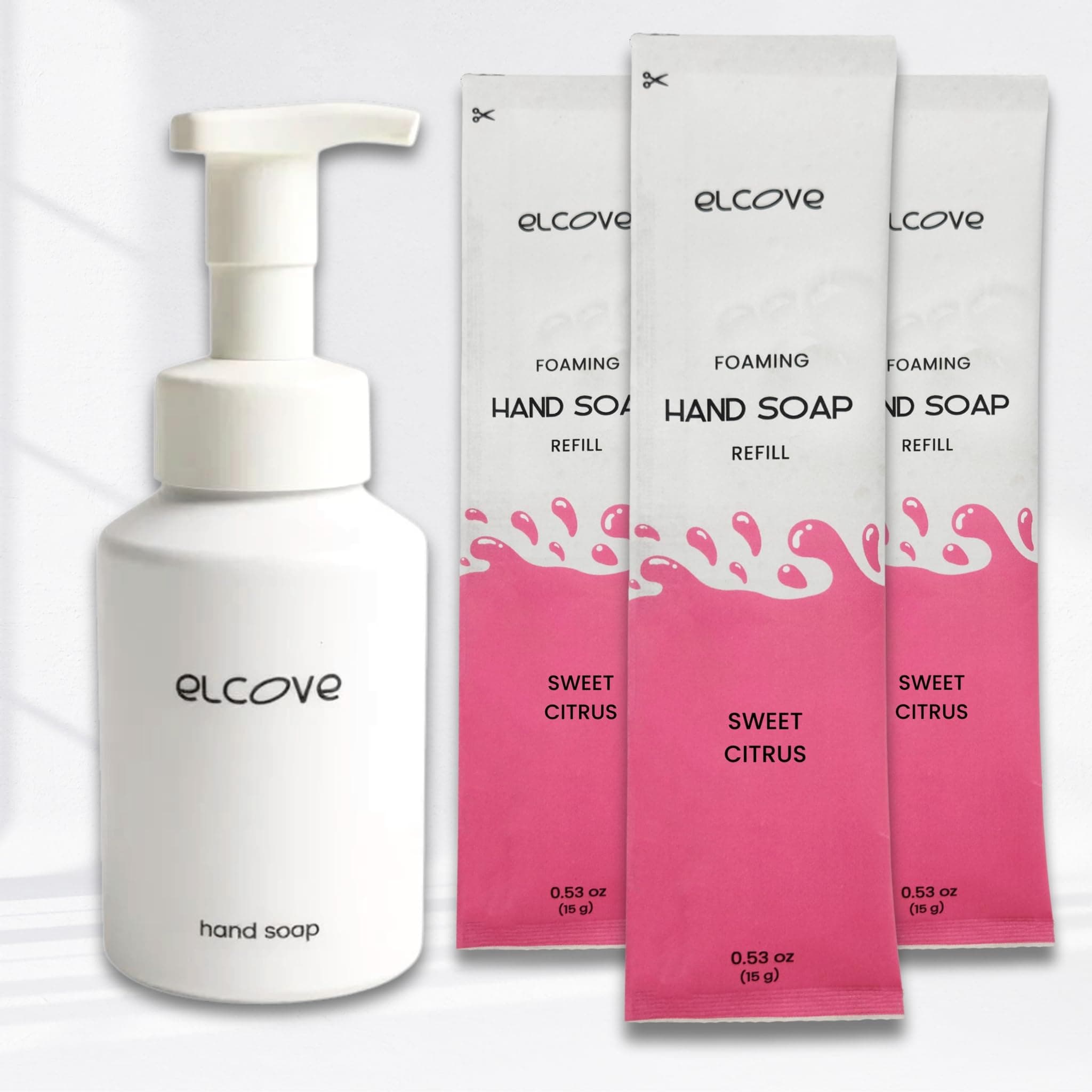 Elcove Foaming Hand Soap Refills with Reusable 12oz Soap Dispenser, Concentrated Powder to Liquid Hand Soap Refills Make 3x12oz Bottles of Foaming Hand Wash (Sweet Citrus)