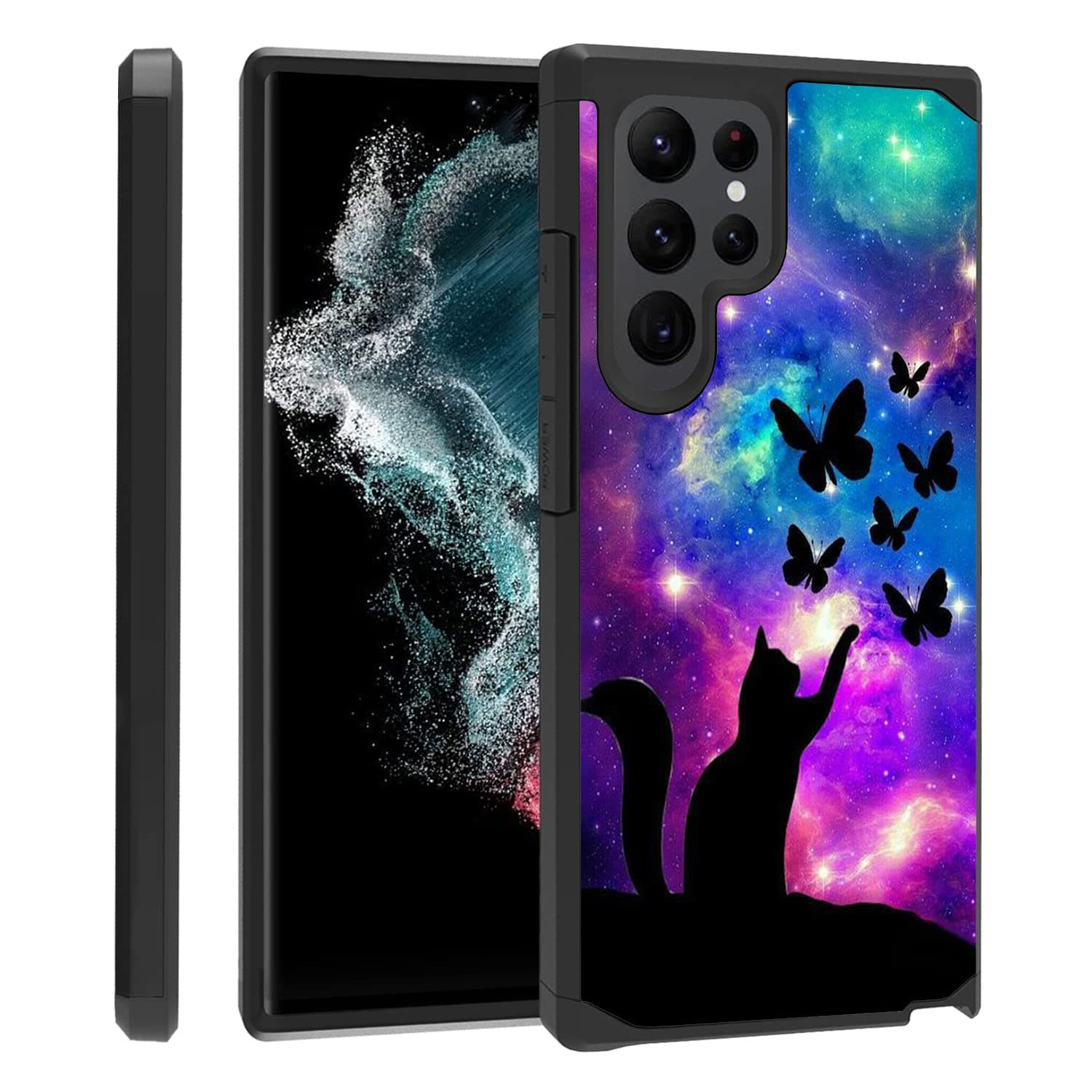 ZXHSBROK Galaxy S23 Ultra Case, Heavy Duty 2 in 1 Dual Layer Hybrid Hard PC & Soft Silicone Shockproof Protection Case for Samsung Galaxy S23 Ultra 5G, Galaxy Nebula Cat and Butterfly