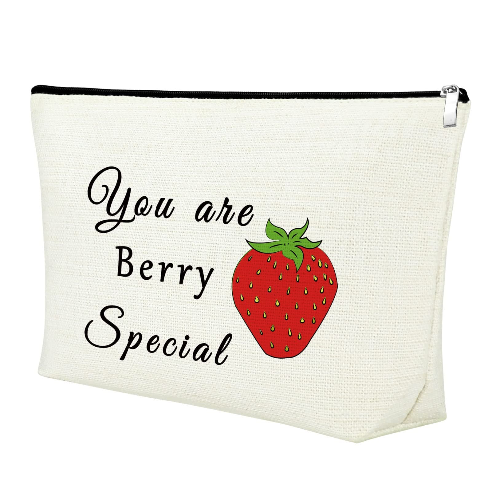 Strawberry Lover Gift Makeup Pouch for Women Girls Fruit Lover Gift Valentine's Gifts for Her Girlfriend Wife Couple Cute Strawberry Themed Gifts Birthday Gifts Strawberry Print Travel Cosmetic Bag, Beige