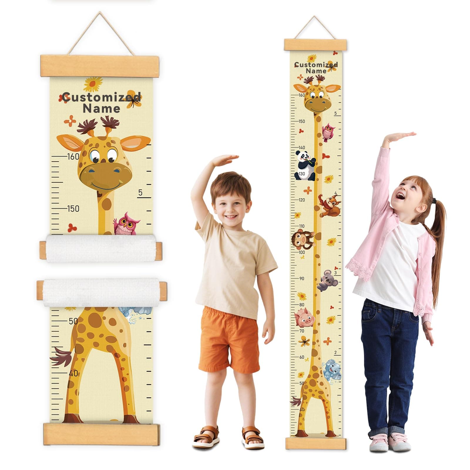 Woodemon Customize Name Growth Chart Wall, Funny Giraffe Premium Canvas Removable Height Chart for Kids (Giraffes)