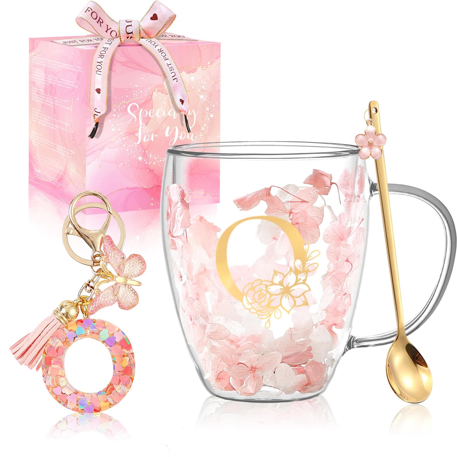 Personalized Gifts for Women Cute Monogrammed Double Wall Glass Coffee Mug Tea Cup with Spoon Customized Bridesmaid Bride Wedding Gifts Christmas Birthday Gifts for Mom Wife Friend Sister Coworker (O)